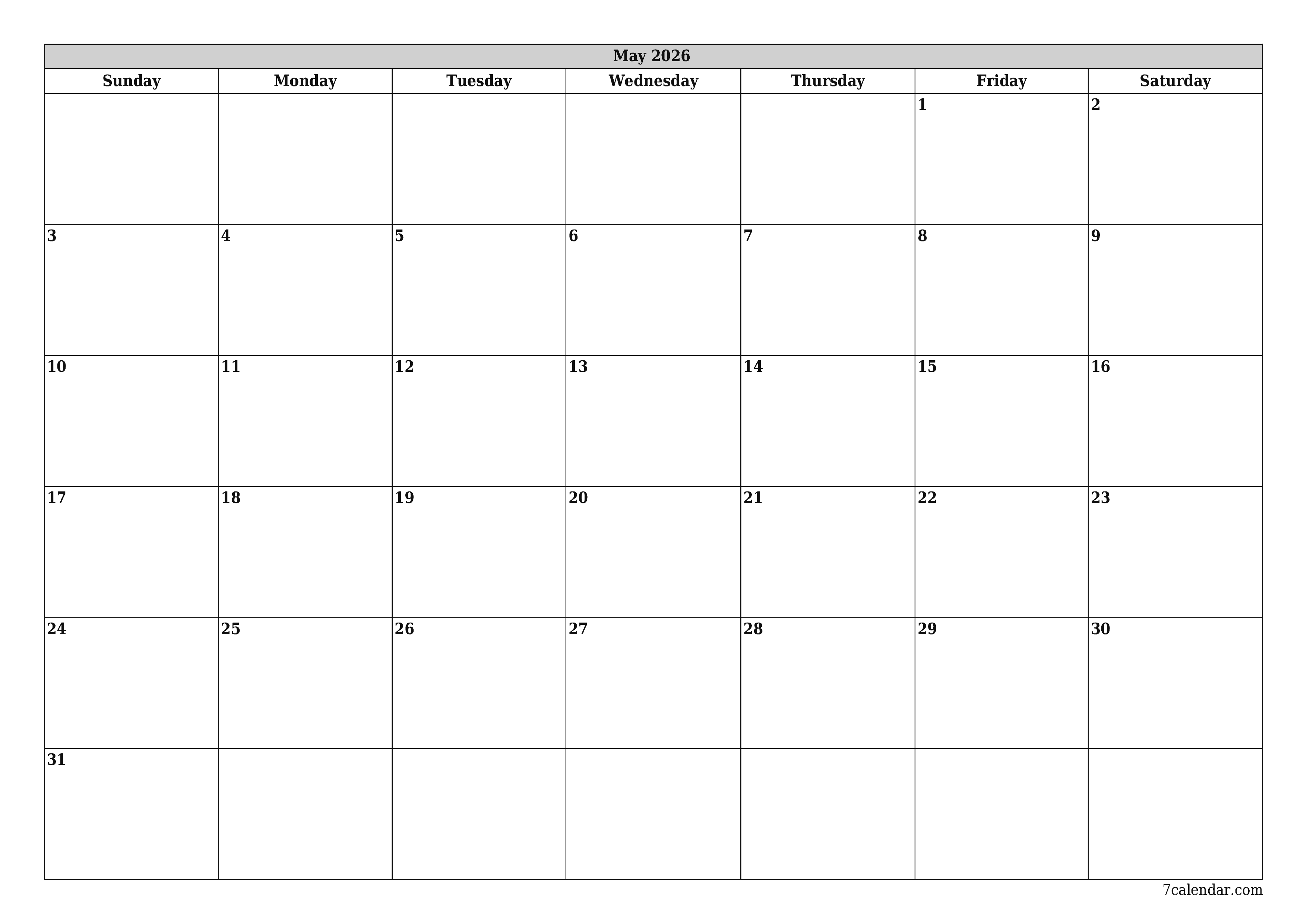 Blank monthly printable calendar and planner for month May 2026 with notes save and print to PDF PNG English