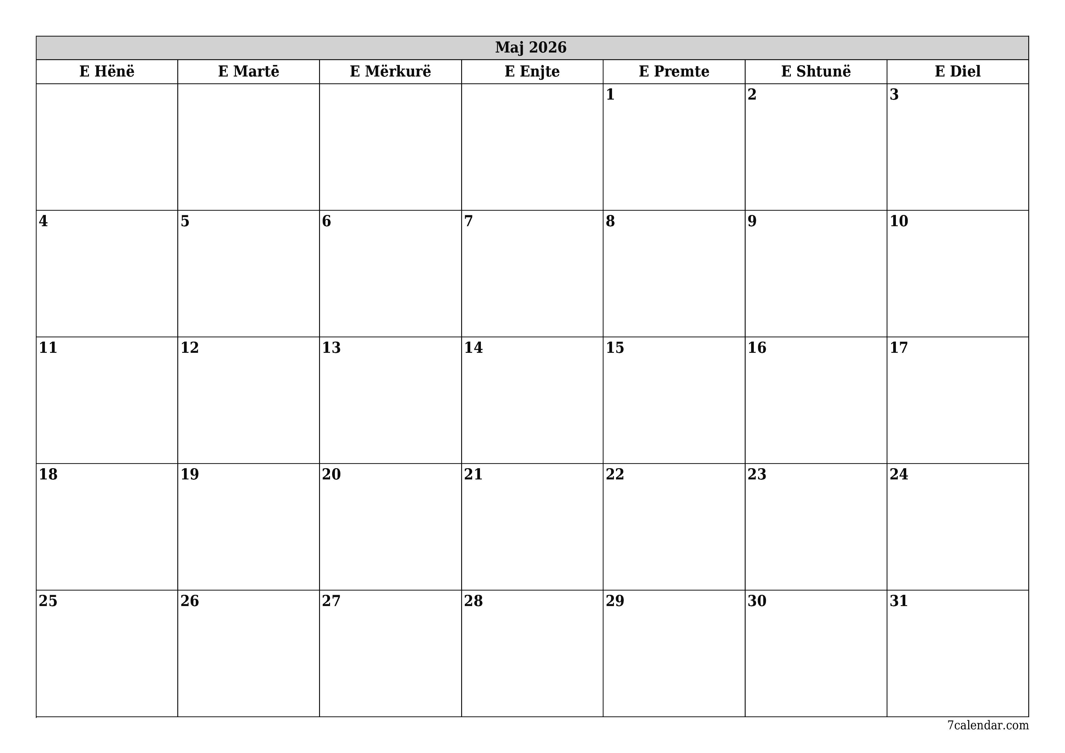 Planifikuesi i zbrazët i kalendarit mujor për muajin Maj 2026 me shënime të ruajtura dhe të printuara në PDF PNG Albanian