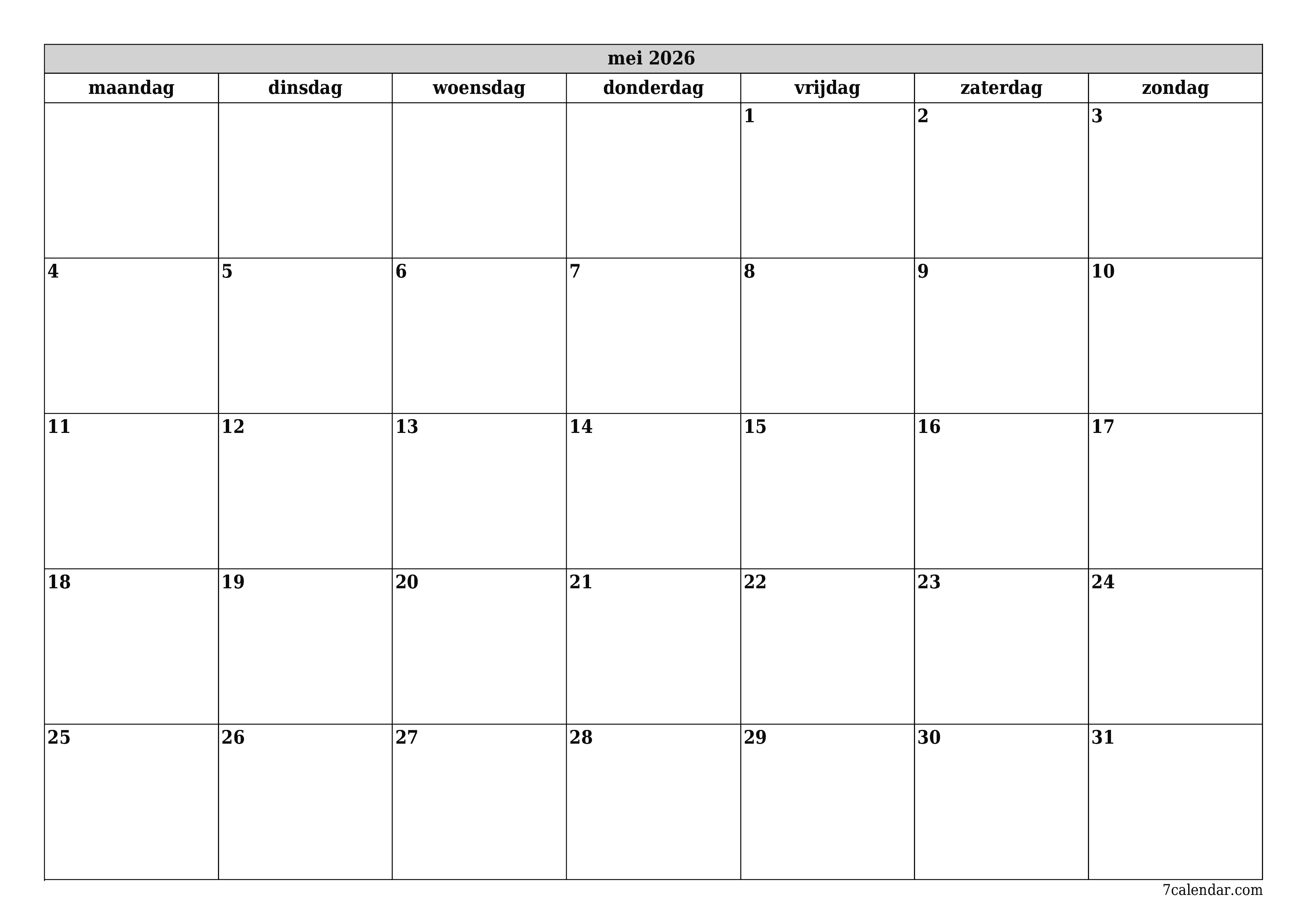 Lege maandplanner voor maand mei 2026 met notities, opslaan en afdrukken naar pdf PNG Dutch