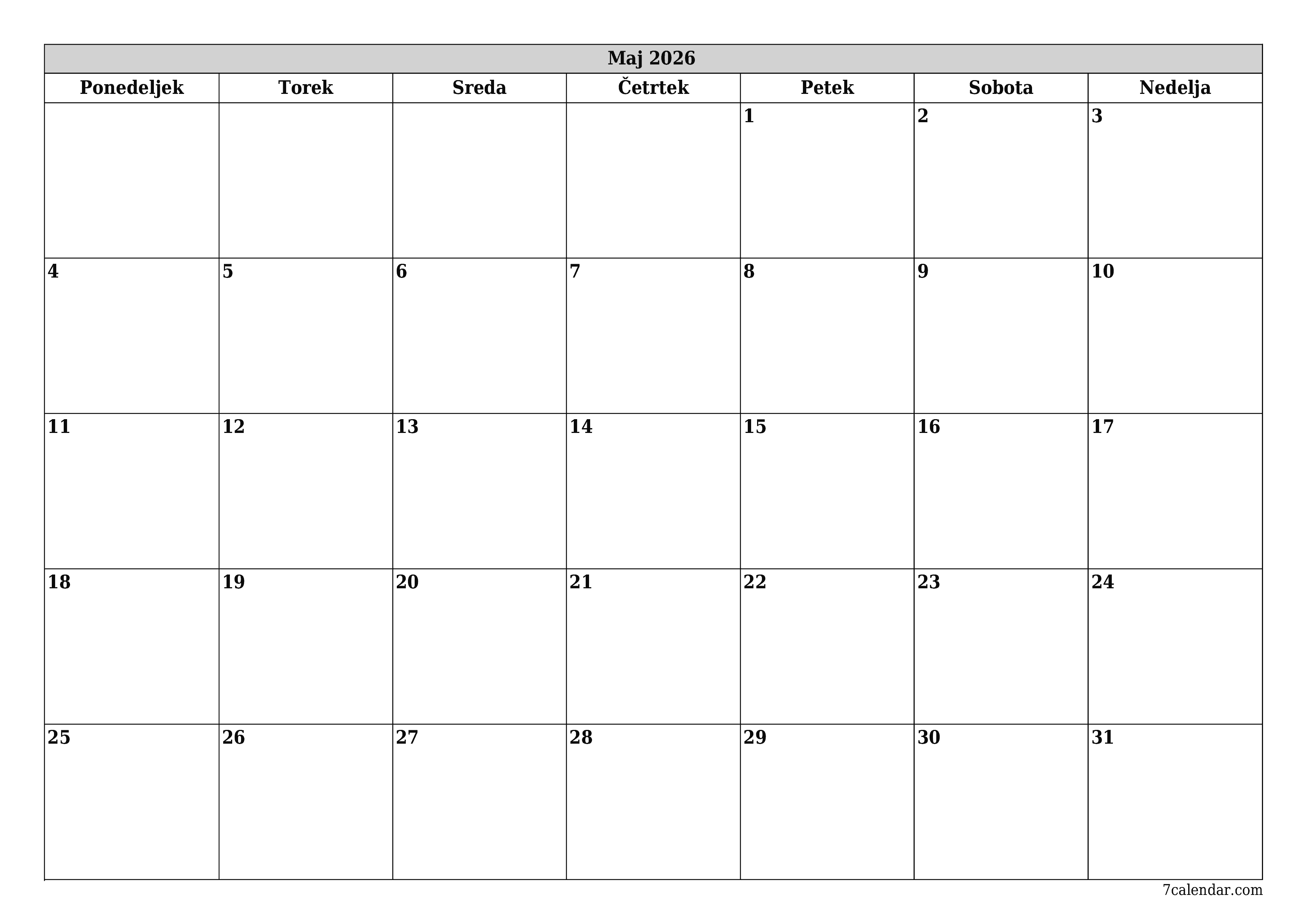 Prazen mesečni načrtovalec koledarja za mesec Maj 2026 z opombami, natisnjenimi v PDF PNG Slovenian