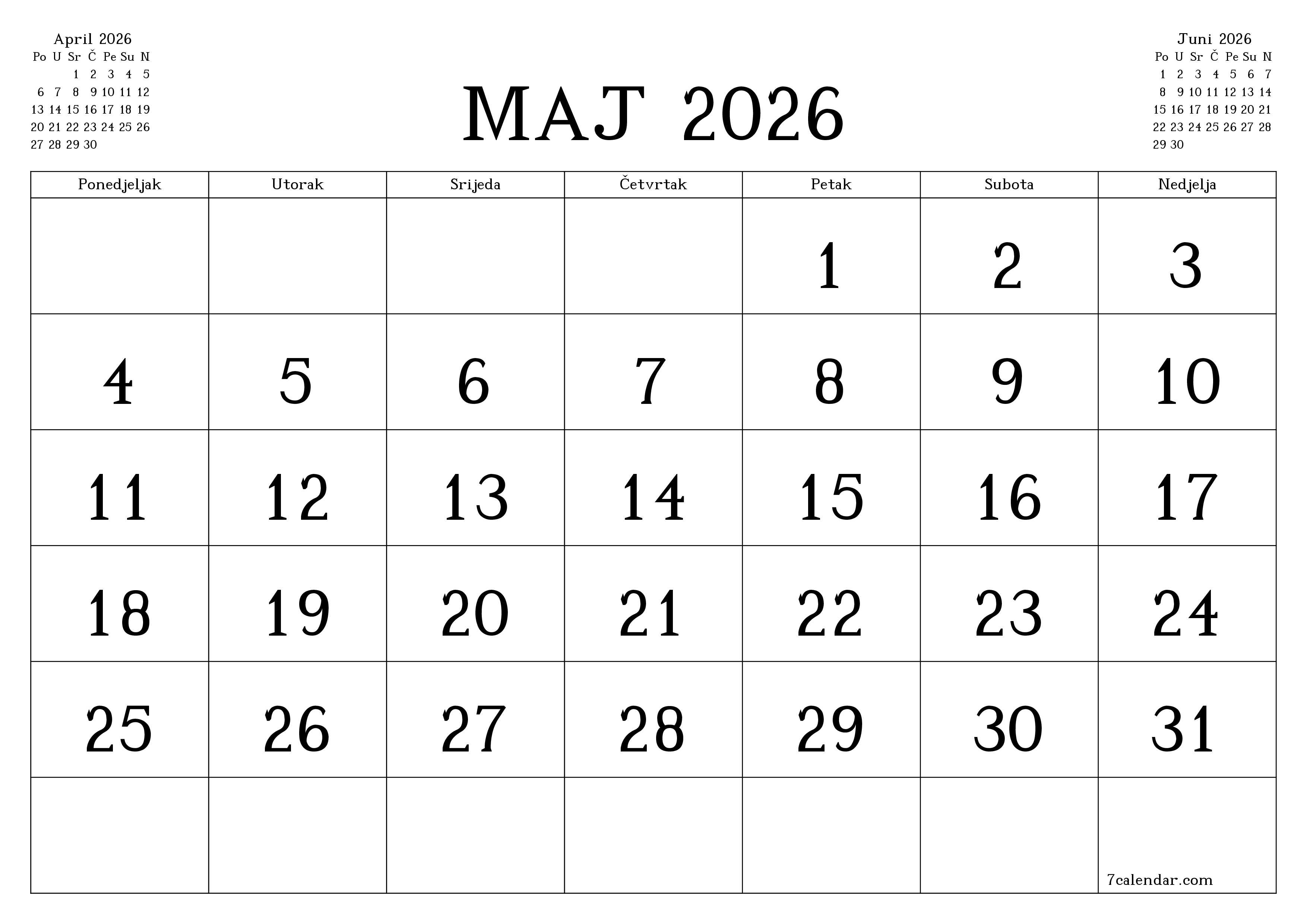 Ispraznite mjesečni planer za mjesec Maj 2026 s bilješkama, spremite i ispišite u PDF PNG Bosnian