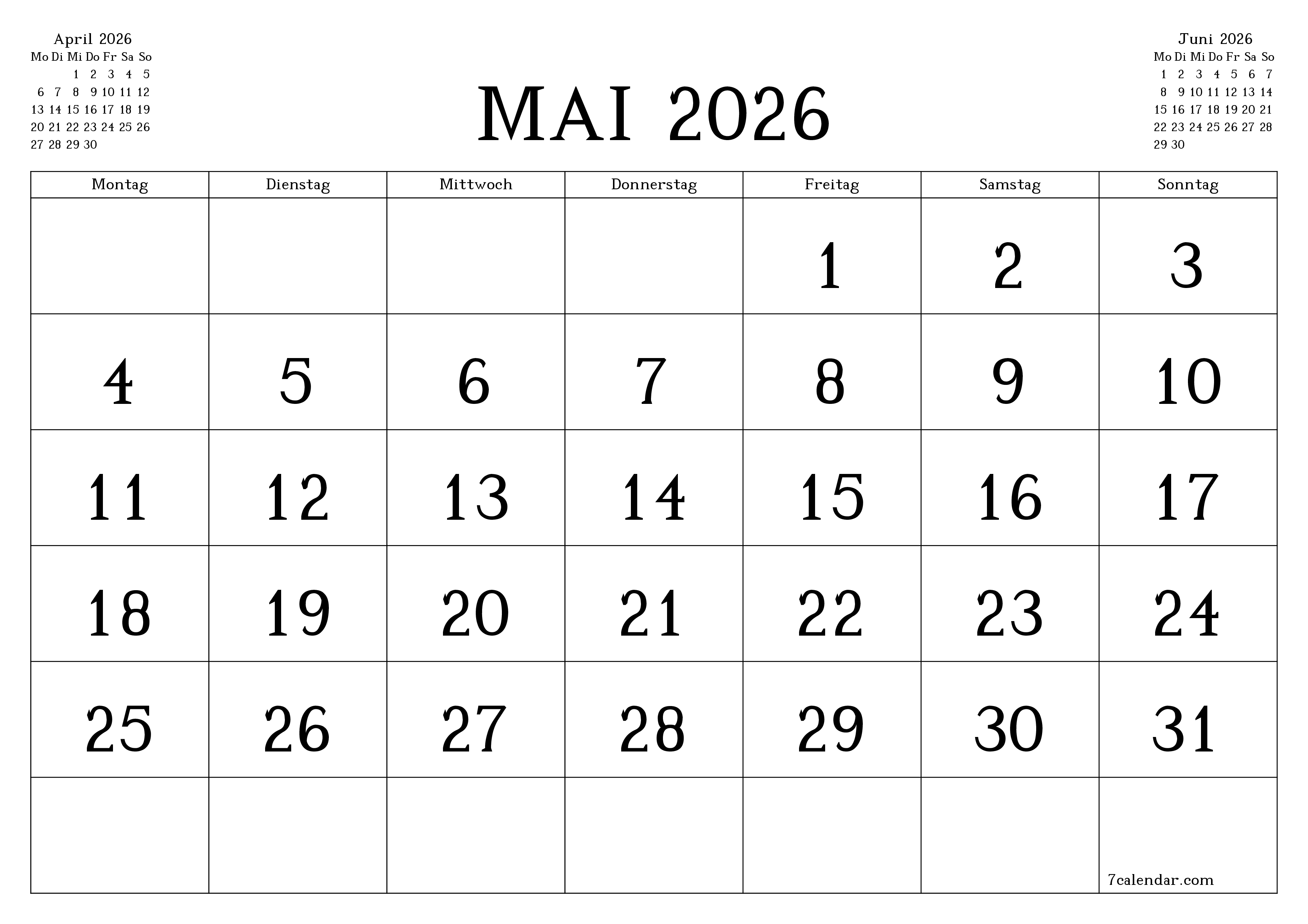 Monatsplaner für Monat Mai 2026 mit Notizen leeren, speichern und als PDF PNG German - 7calendar.com drucken