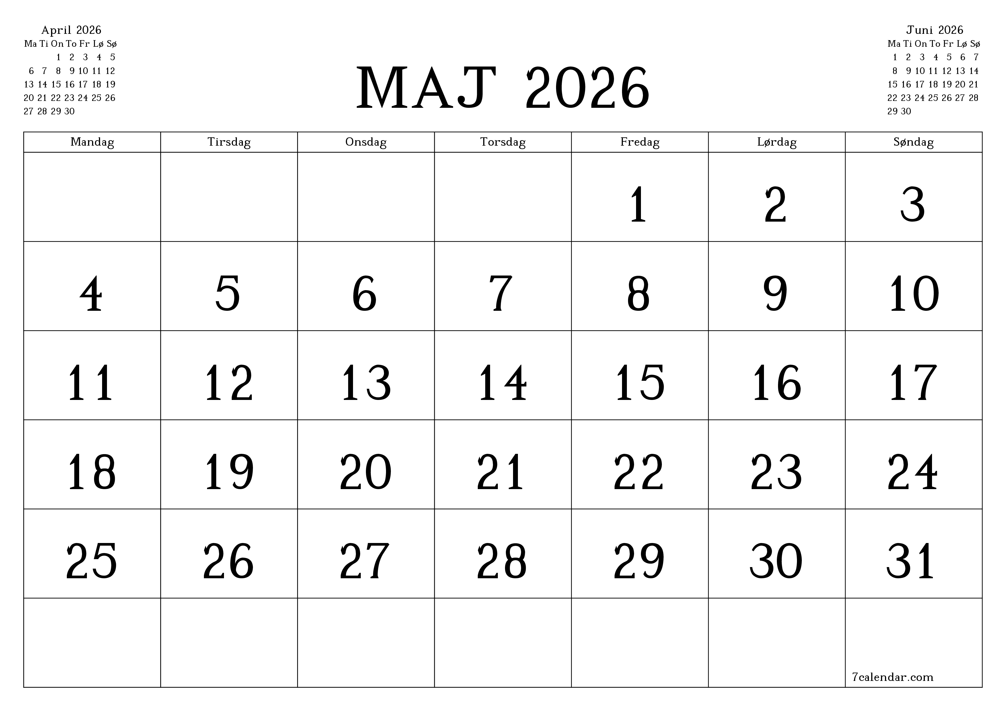Tom månedlig planlægning for måned Maj 2026 med noter, gem og udskriv til PDF PNG Danish