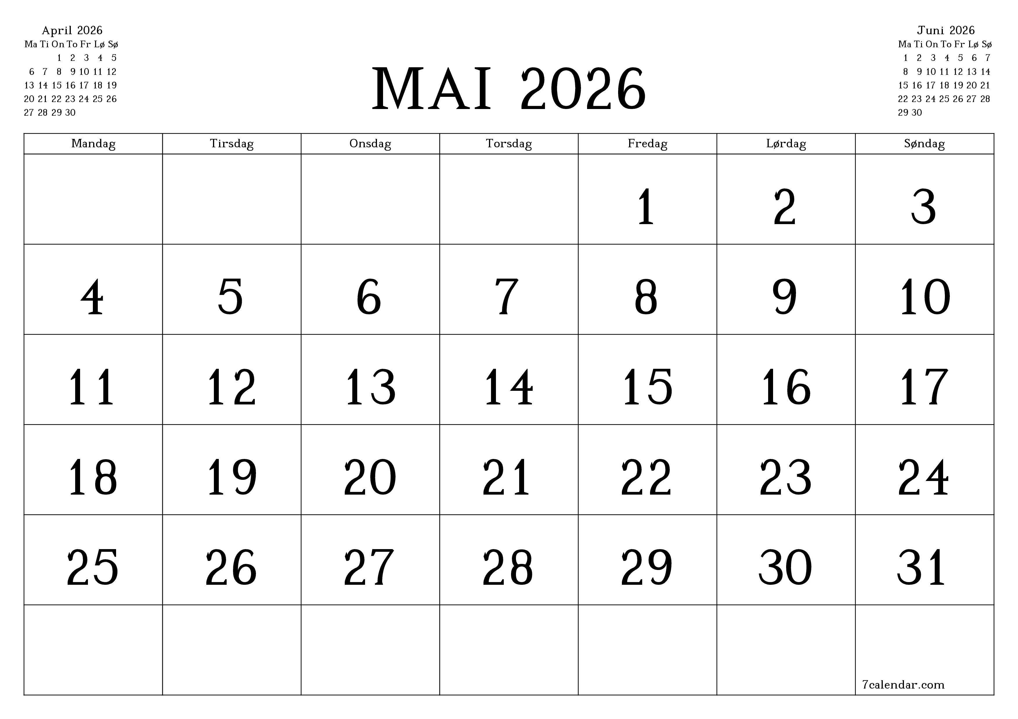 Tom månedlig planlegger for måned Mai 2026 med notater, lagre og skriv ut til PDF PNG Norwegian