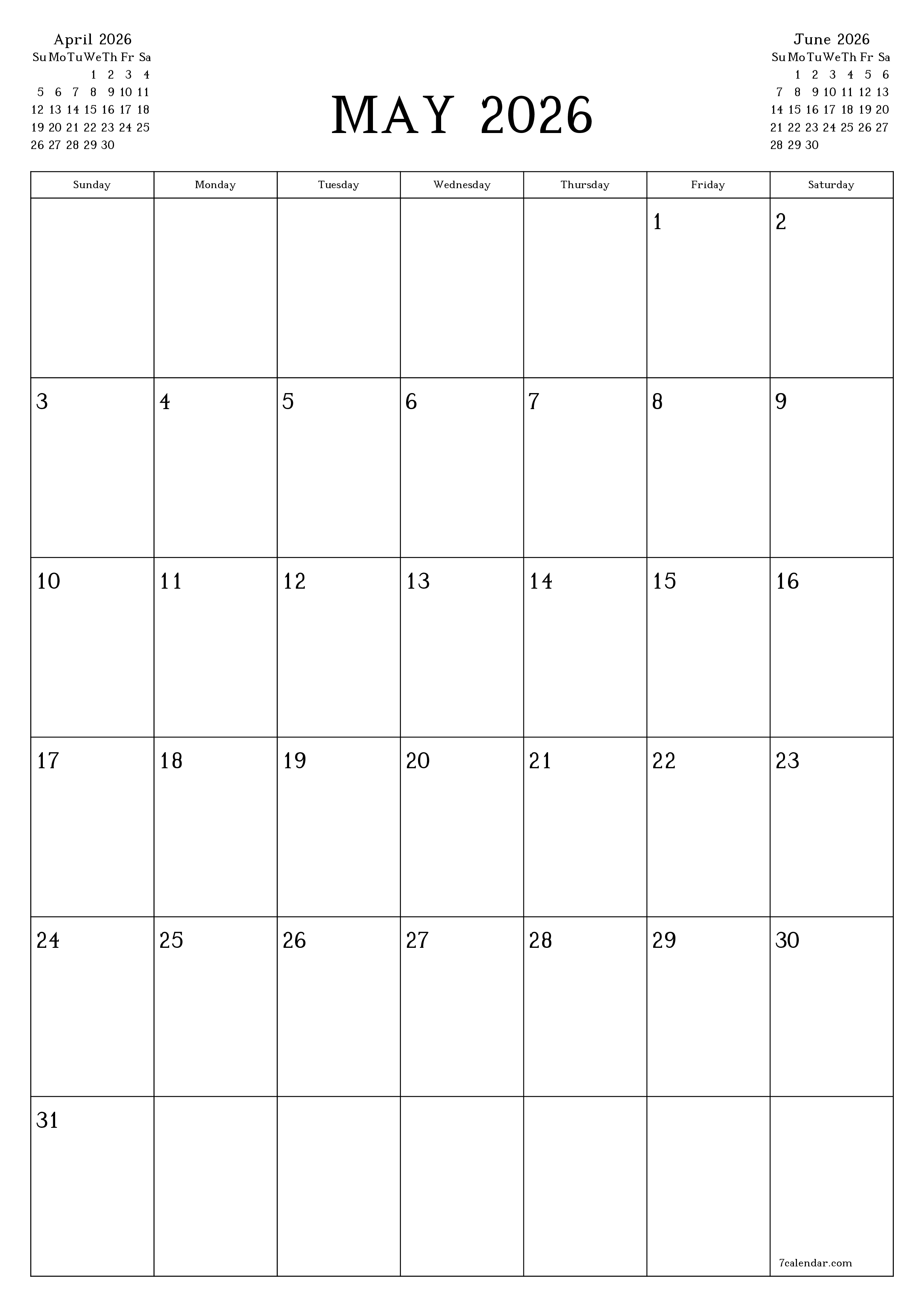 printable wall template free vertical Monthly planner calendar May (May) 2026