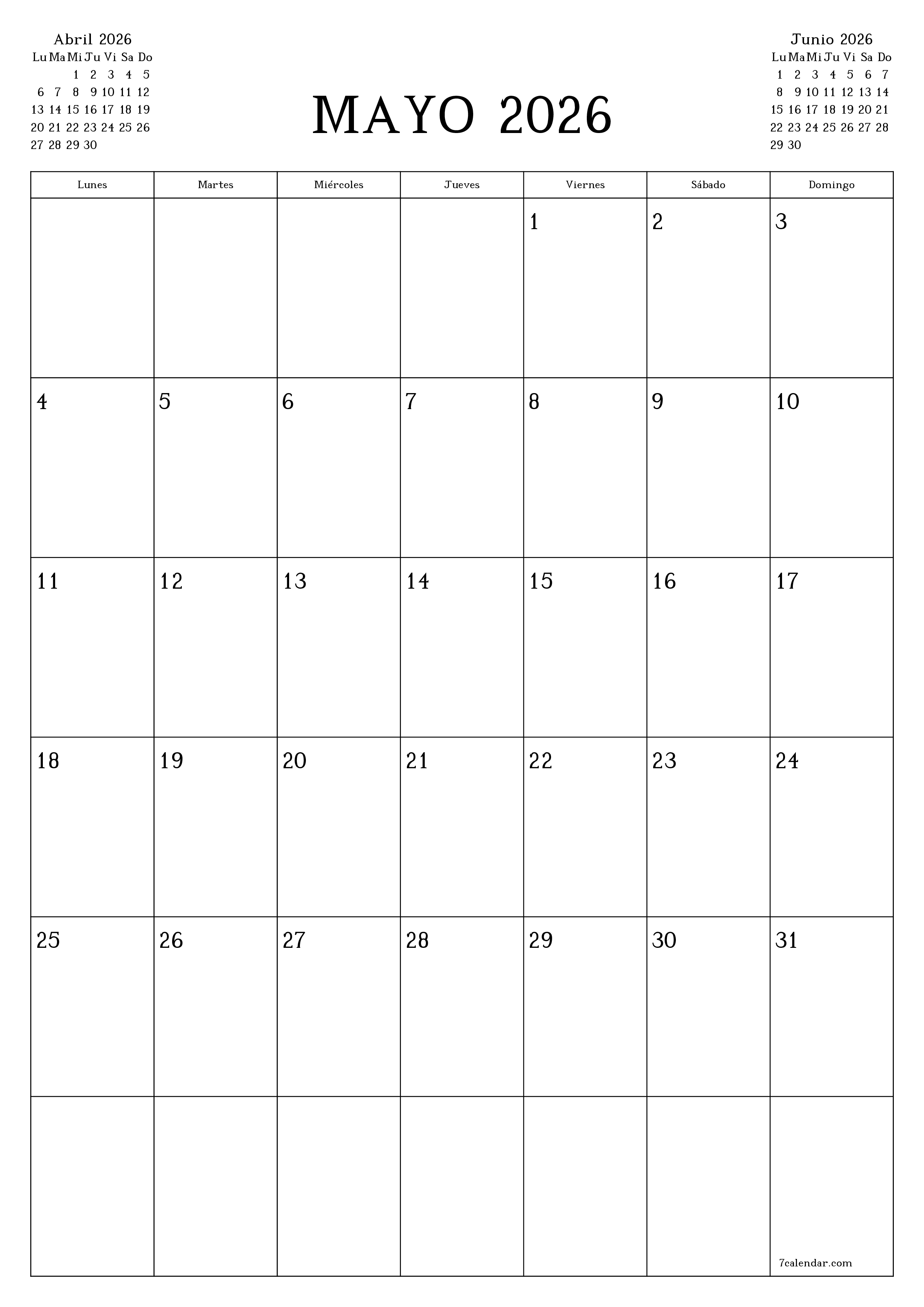 Planificador mensual vacío para el mes Mayo 2026 con notas, guardar e imprimir en PDF PNG Spanish