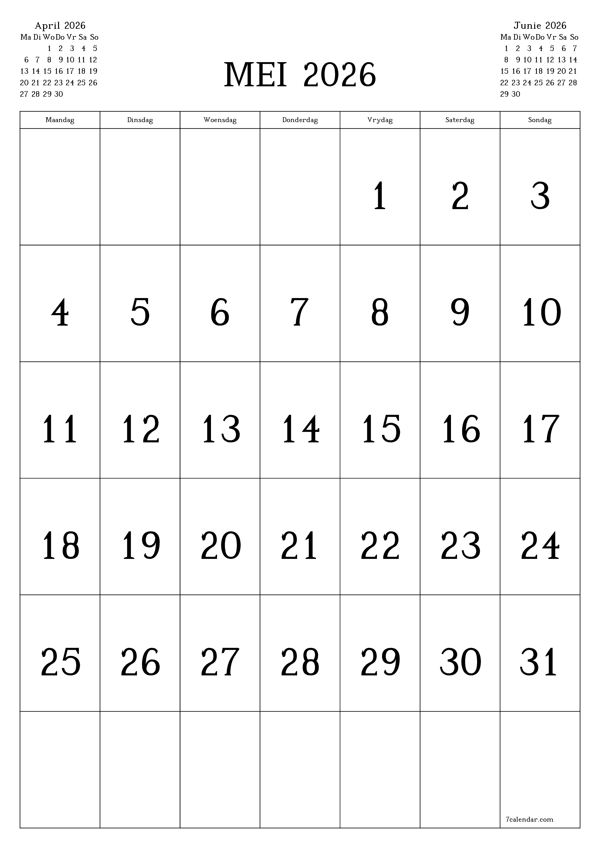 Leë maandelikse drukbare kalender en beplanner vir maand Mei 2026 met notas stoor en druk na PDF PNG Afrikaans