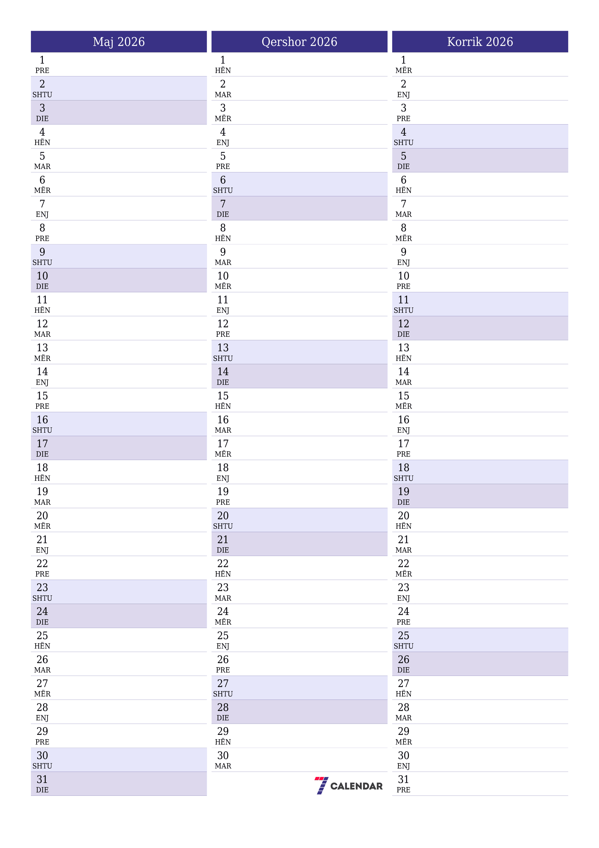 Planifikuesi i zbrazët i kalendarit mujor për muajin Maj 2026 me shënime të ruajtura dhe të printuara në PDF PNG Albanian