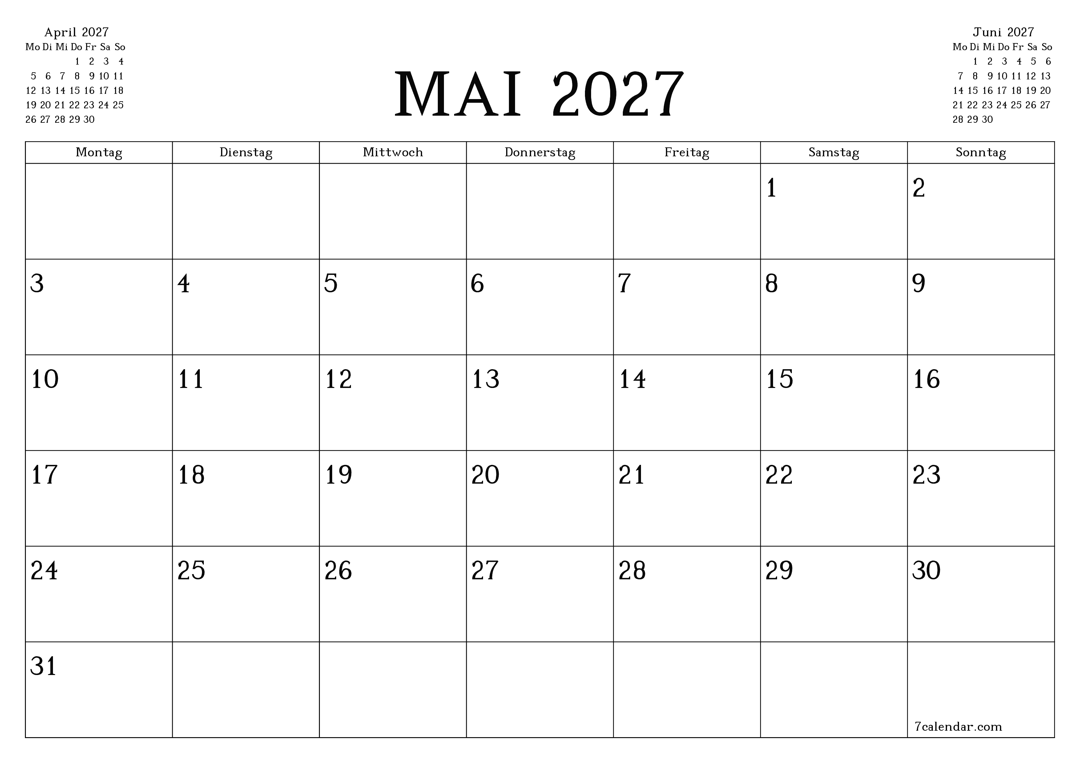 Monatsplaner für Monat Mai 2027 mit Notizen leeren, speichern und als PDF PNG German - 7calendar.com drucken