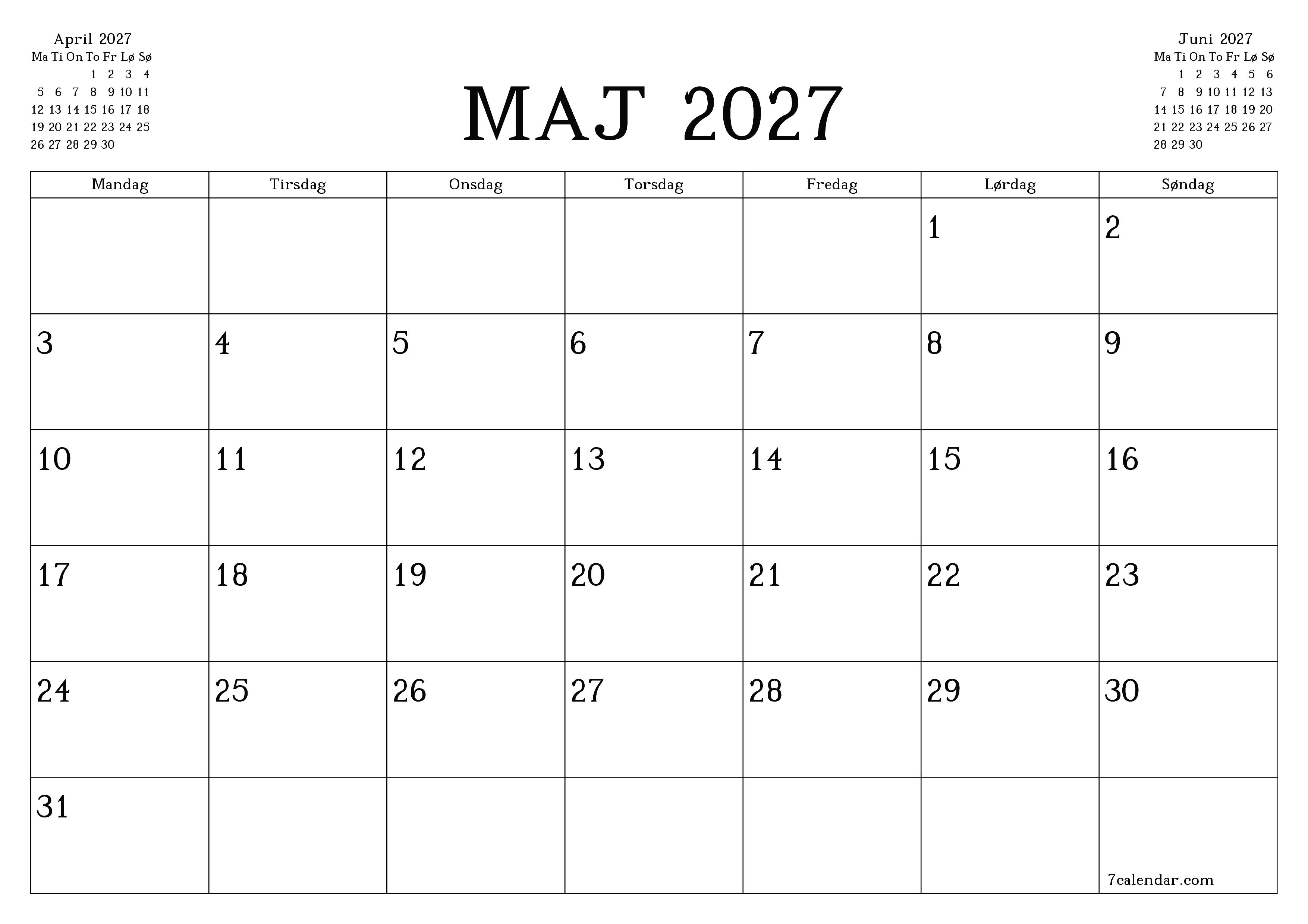 Tom månedlig planlægning for måned Maj 2027 med noter, gem og udskriv til PDF PNG Danish