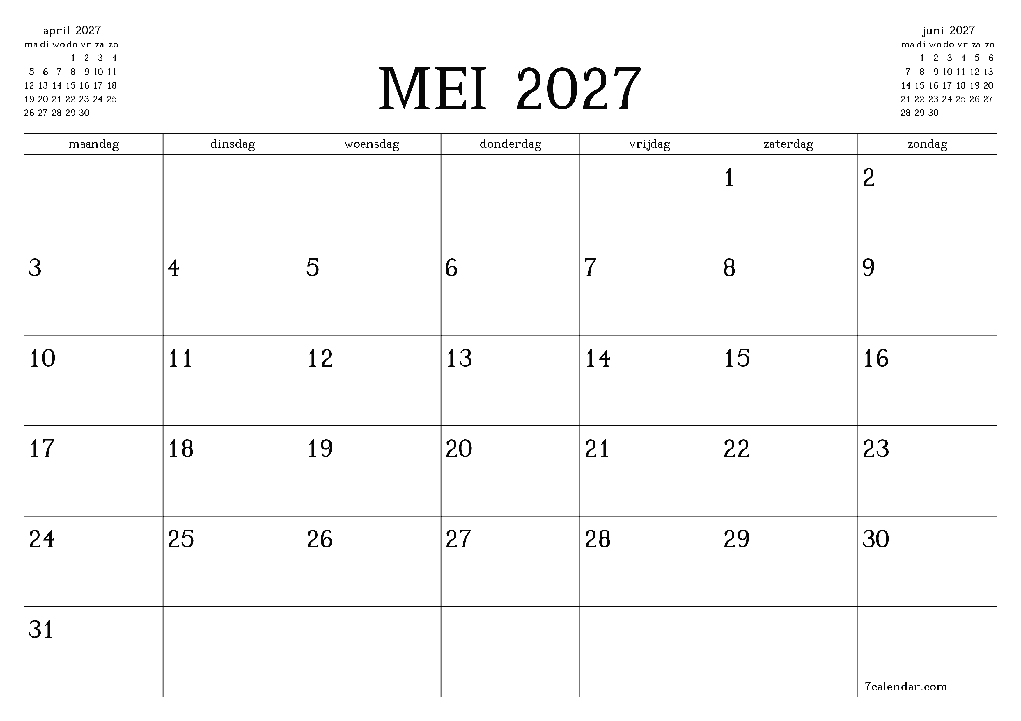 Lege maandplanner voor maand mei 2027 met notities, opslaan en afdrukken naar pdf PNG Dutch