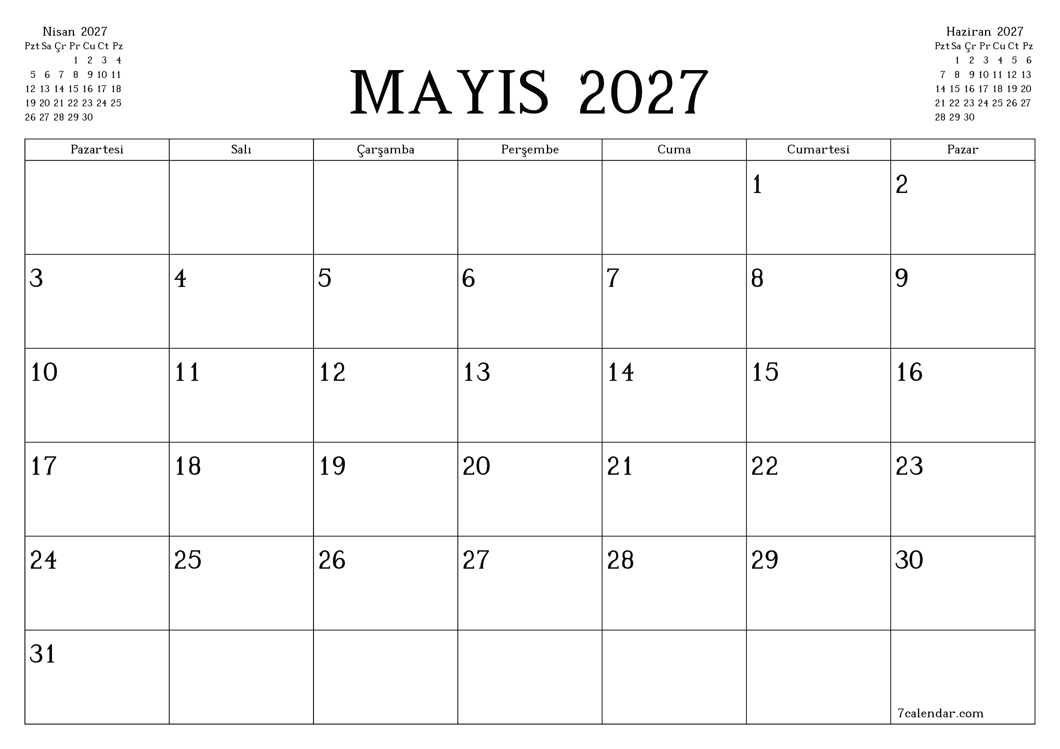 Mayıs 2027 ayı için notlarla birlikte boş aylık planlayıcı, kaydedin ve PDF'ye yazdırın PNG Turkish