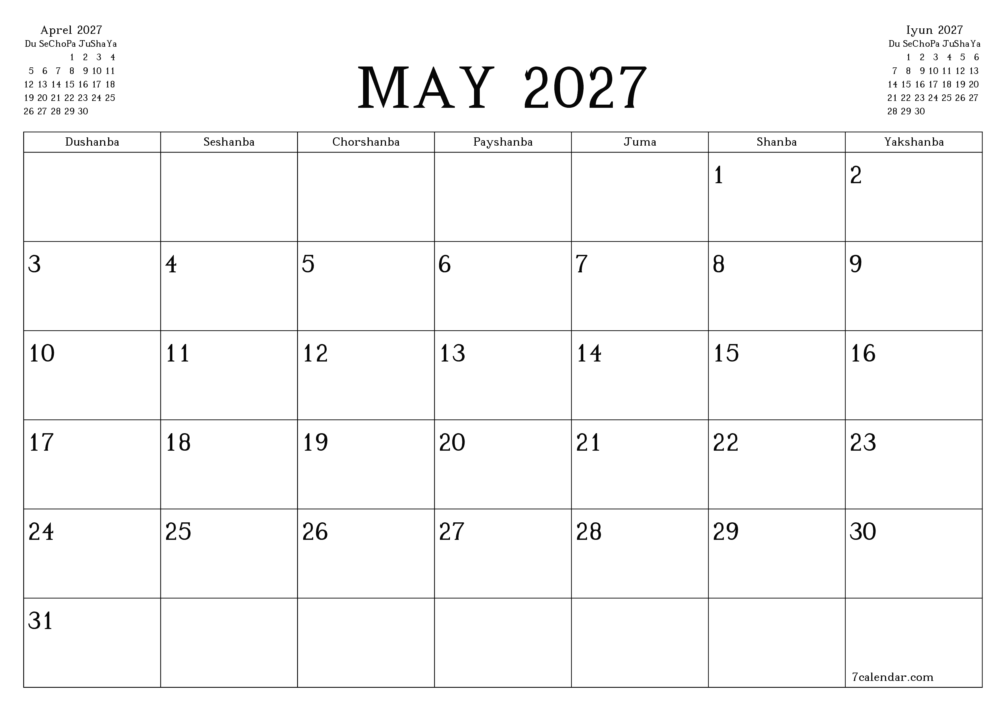 May 2027 oylik oylik rejalashtiruvchini yozuvlar bilan bo'shatish, saqlash va PDF-ga chop etish PNG Uzbek