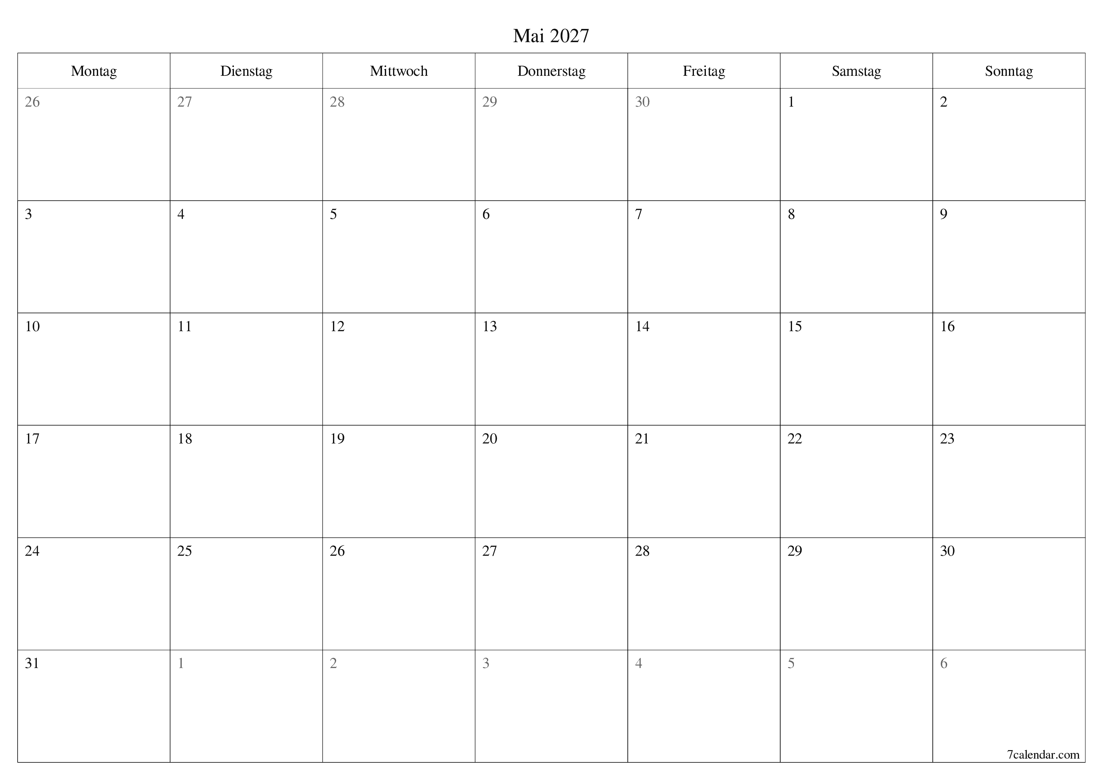 Monatsplaner für Monat Mai 2027 mit Notizen leeren, speichern und als PDF PNG German - 7calendar.com drucken