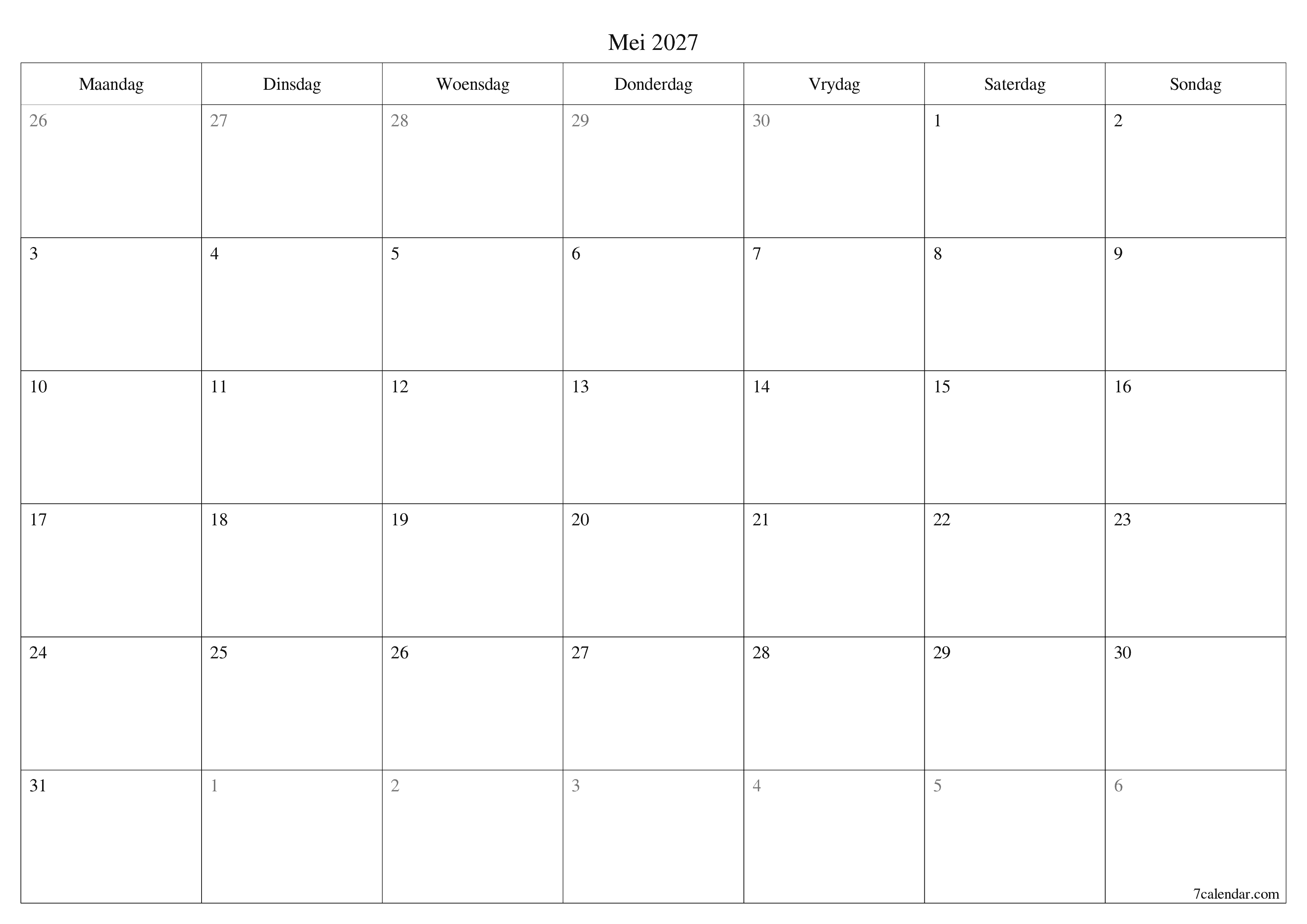 Leë maandelikse drukbare kalender en beplanner vir maand Mei 2027 met notas stoor en druk na PDF PNG Afrikaans