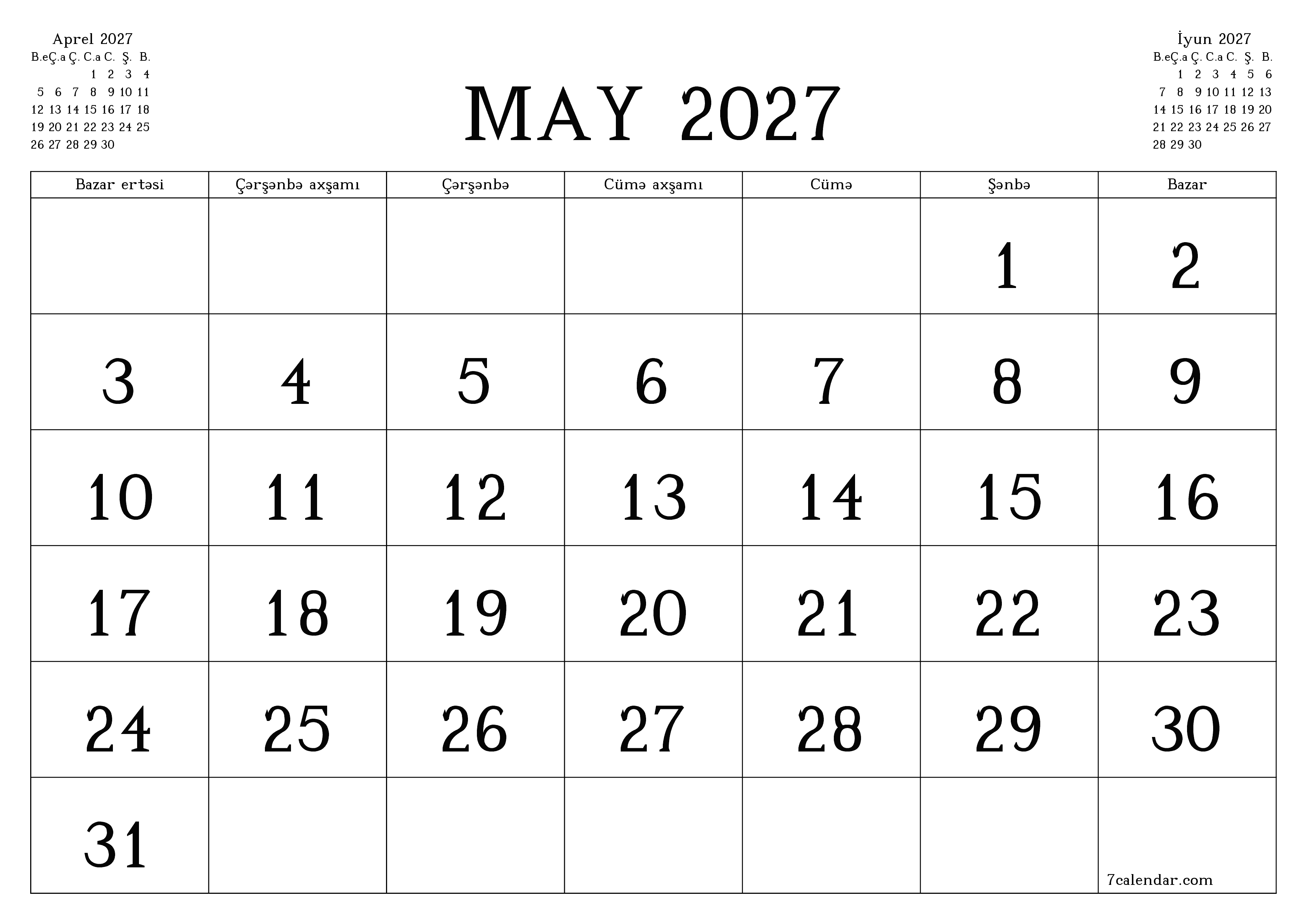 May 2027 ayı üçün qeydlər ilə boş aylıq planlayıcı, qeyd edin və PDF-ə yazdırın PNG Azerbaijani