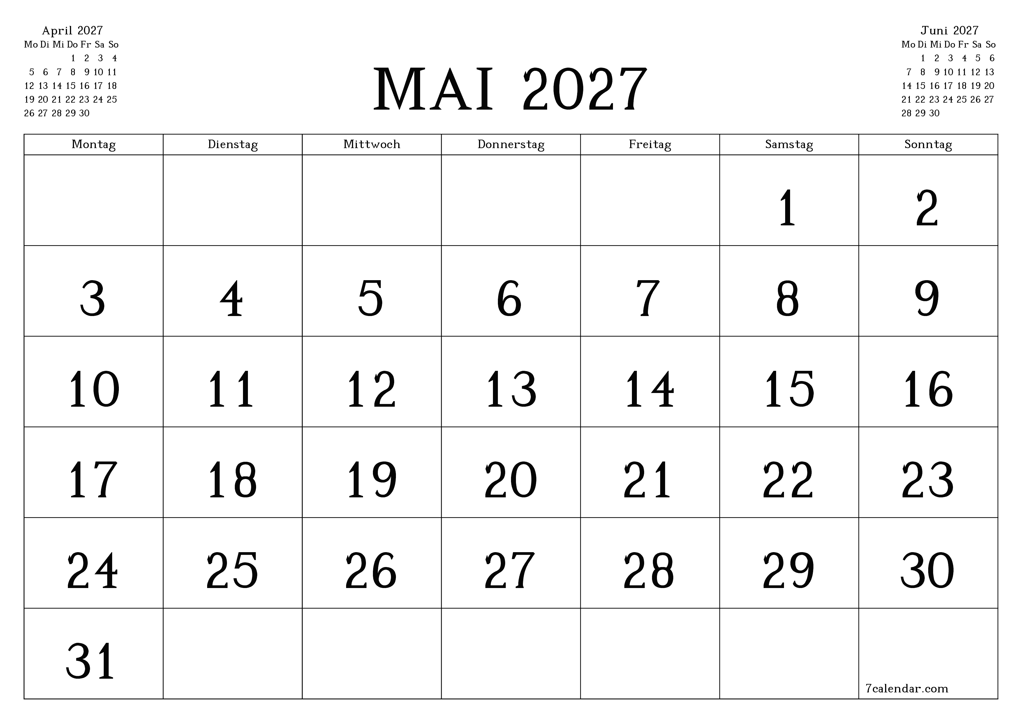 Monatsplaner für Monat Mai 2027 mit Notizen leeren, speichern und als PDF PNG German - 7calendar.com drucken