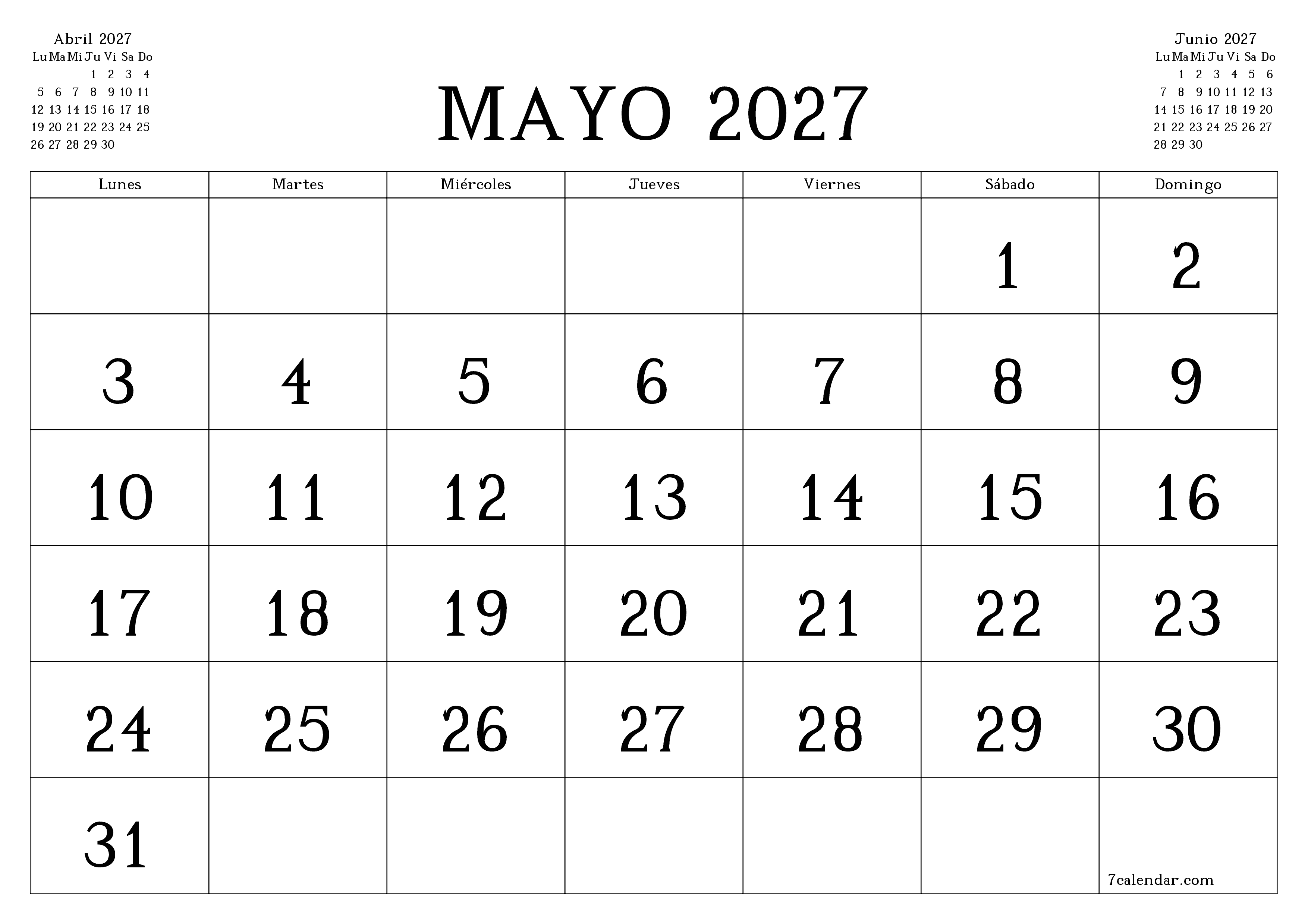 Planificador mensual vacío para el mes Mayo 2027 con notas, guardar e imprimir en PDF PNG Spanish