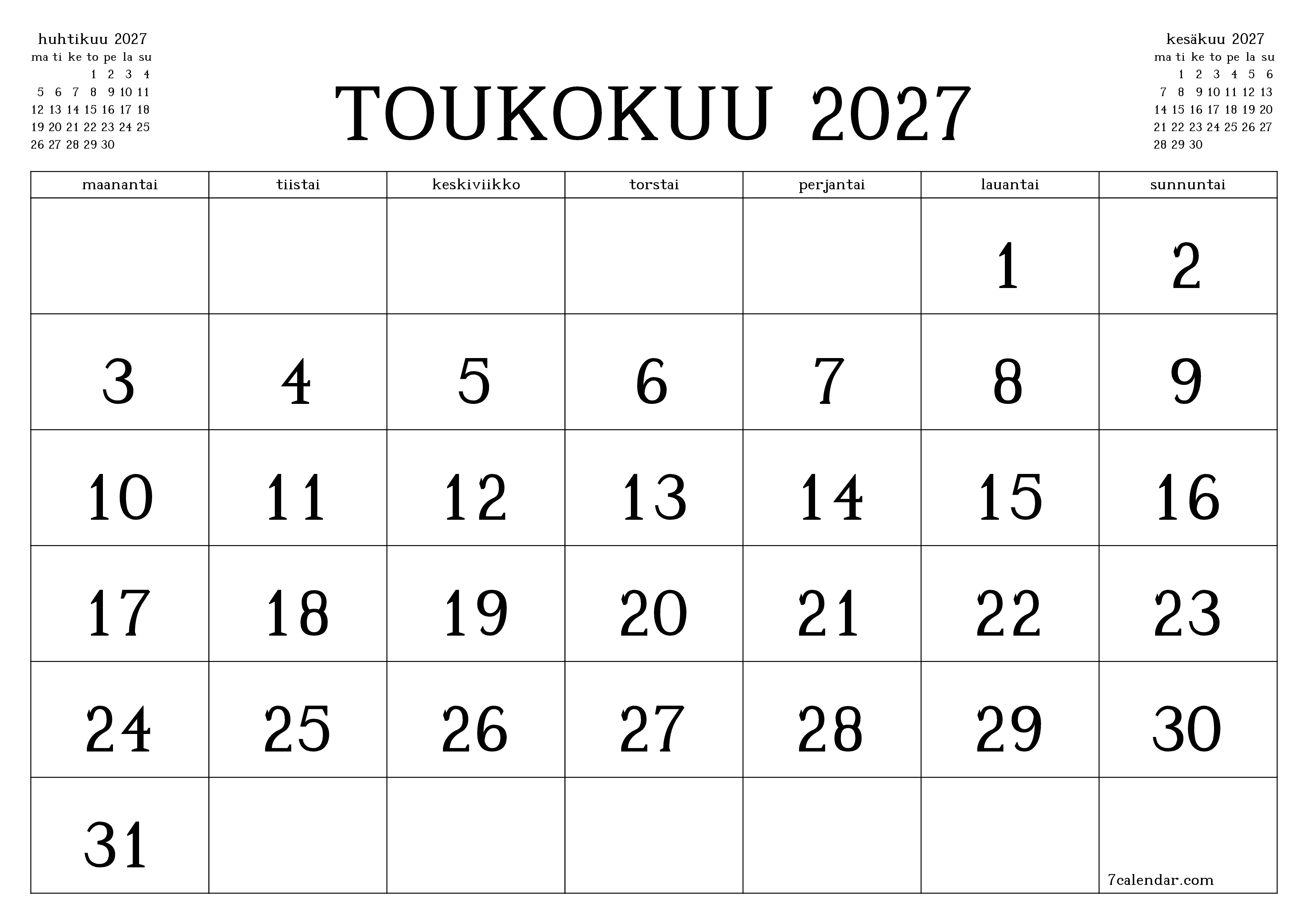 Tyhjennä kuukausittainen suunnittelija kuukaudelle Toukokuu 2027 muistiinpanoilla, tallenna ja tulosta PDF-muotoon PNG Finnish