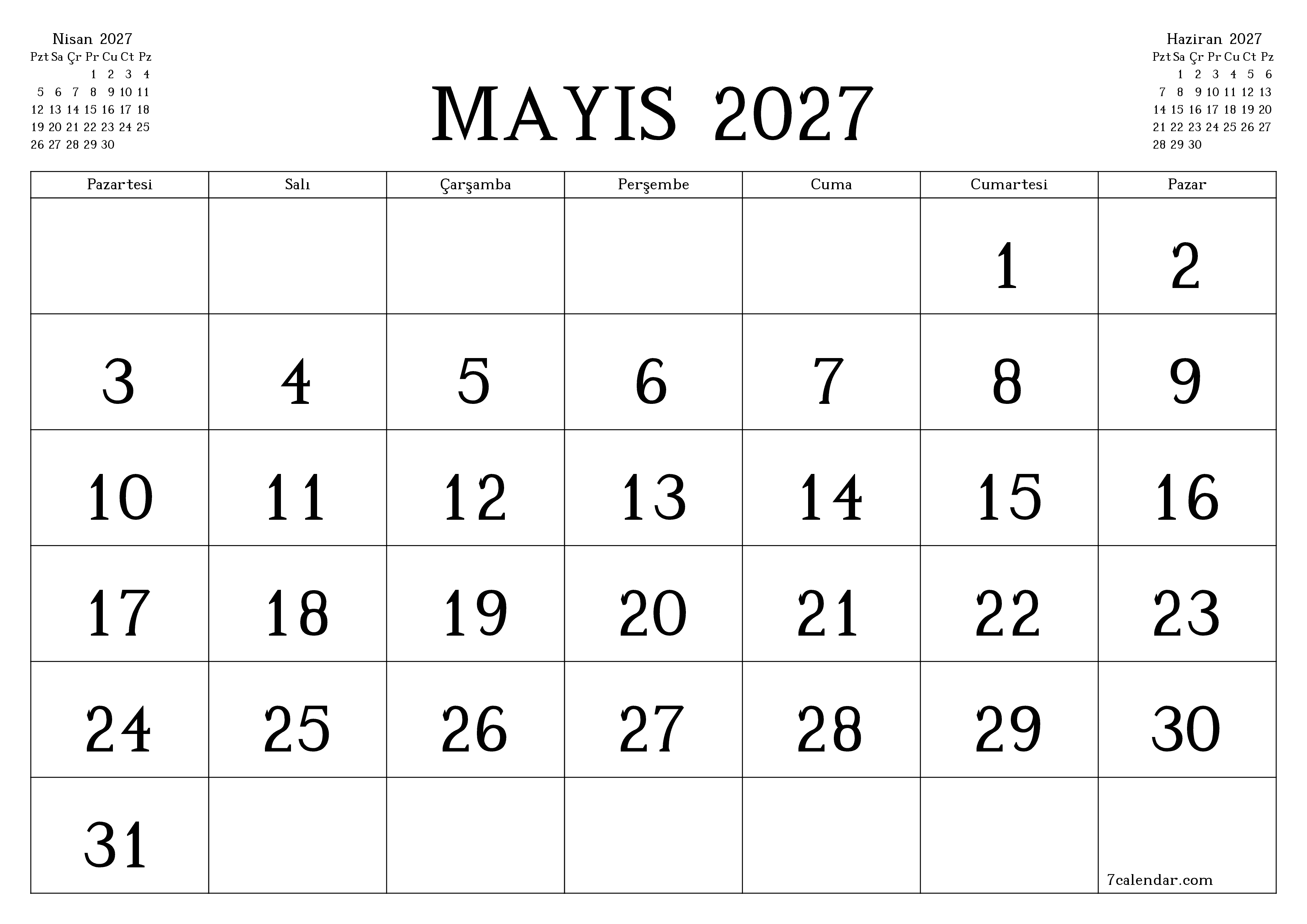 Mayıs 2027 ayı için notlarla birlikte boş aylık planlayıcı, kaydedin ve PDF'ye yazdırın PNG Turkish