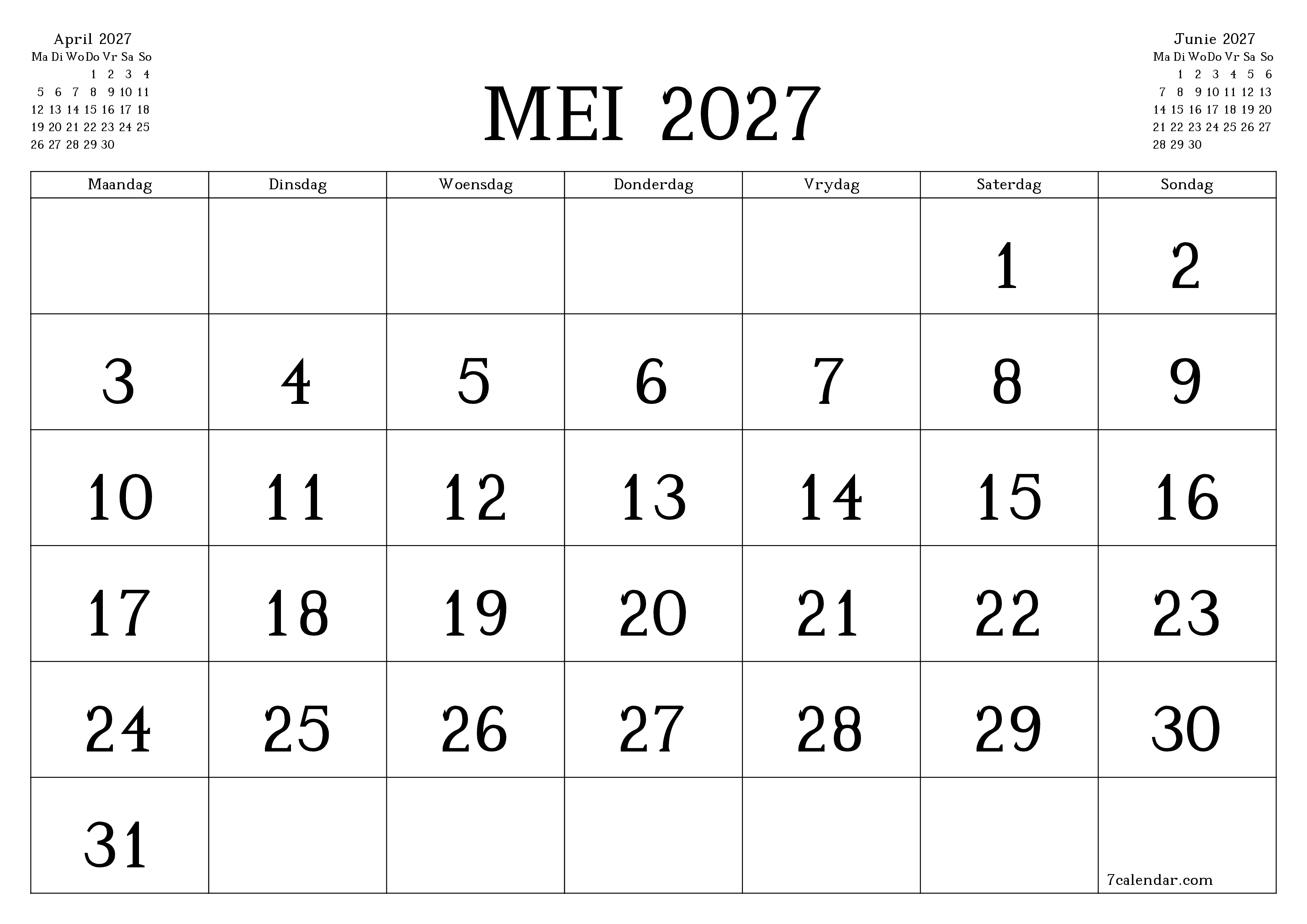 Leë maandelikse drukbare kalender en beplanner vir maand Mei 2027 met notas stoor en druk na PDF PNG Afrikaans