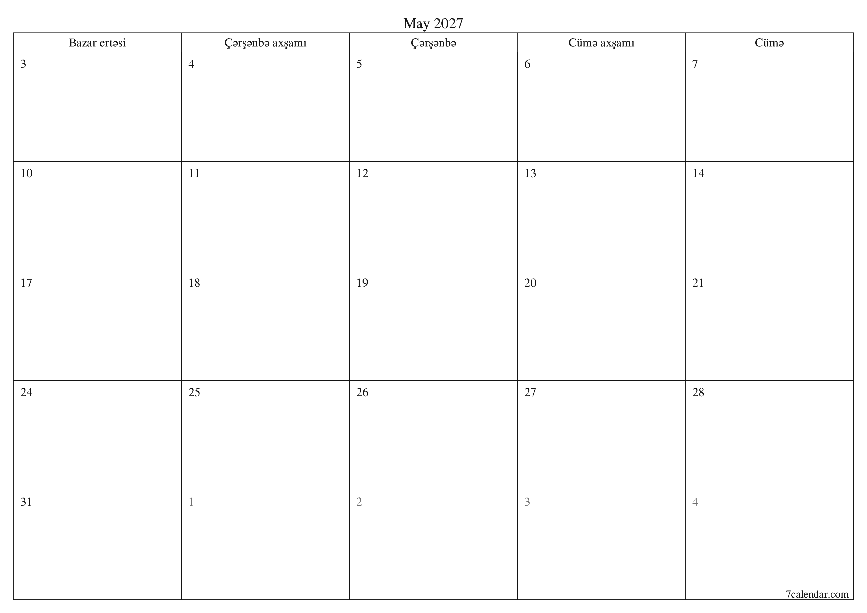 May 2027 ayı üçün qeydlər ilə boş aylıq planlayıcı, qeyd edin və PDF-ə yazdırın PNG Azerbaijani