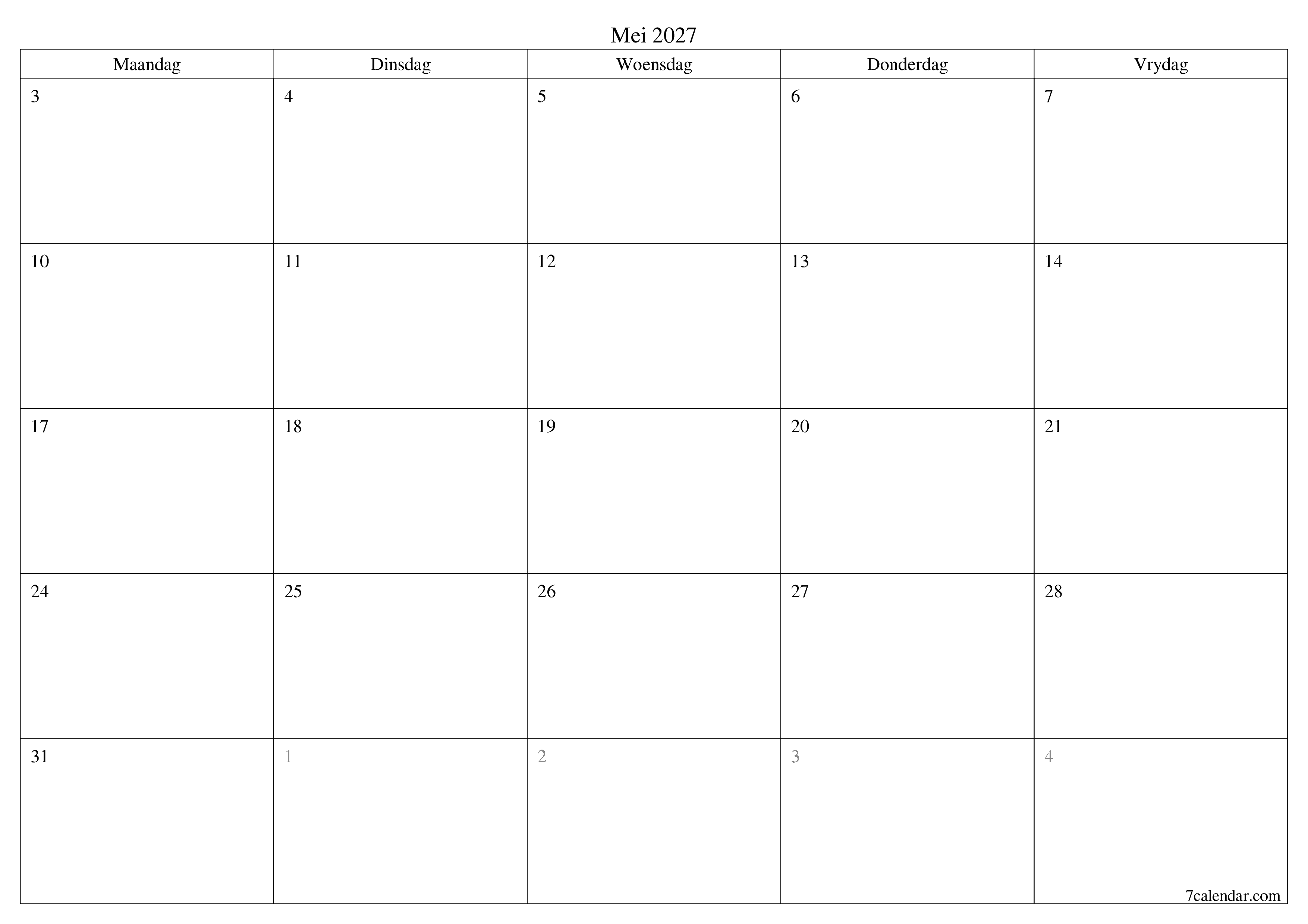 Leë maandelikse drukbare kalender en beplanner vir maand Mei 2027 met notas stoor en druk na PDF PNG Afrikaans