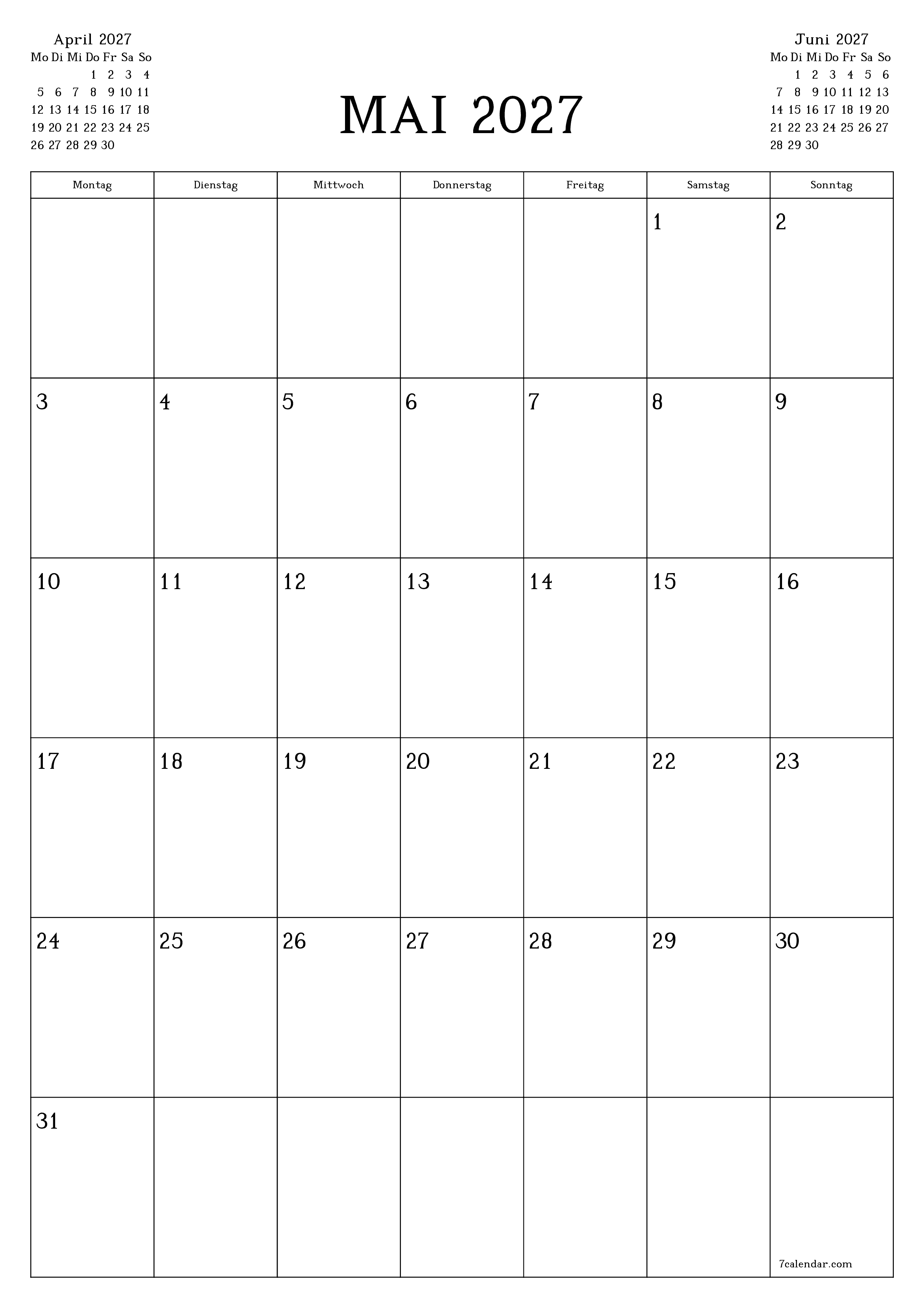 Monatsplaner für Monat Mai 2027 mit Notizen leeren, speichern und als PDF PNG German - 7calendar.com drucken