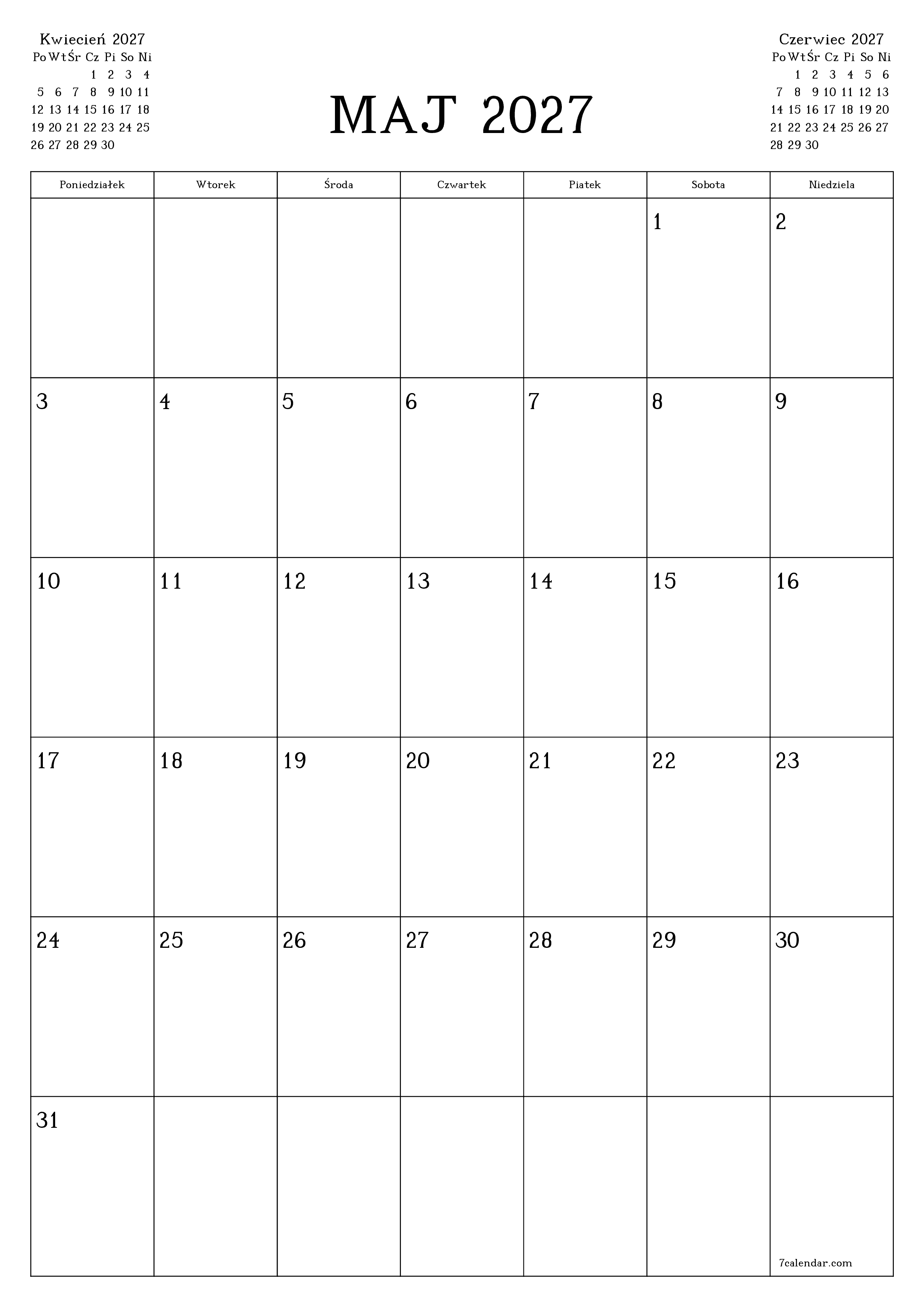 Opróżnij miesięczny planer na miesiąc Maj 2027 z notatkami, zapisz i wydrukuj w formacie PDF PNG Polish