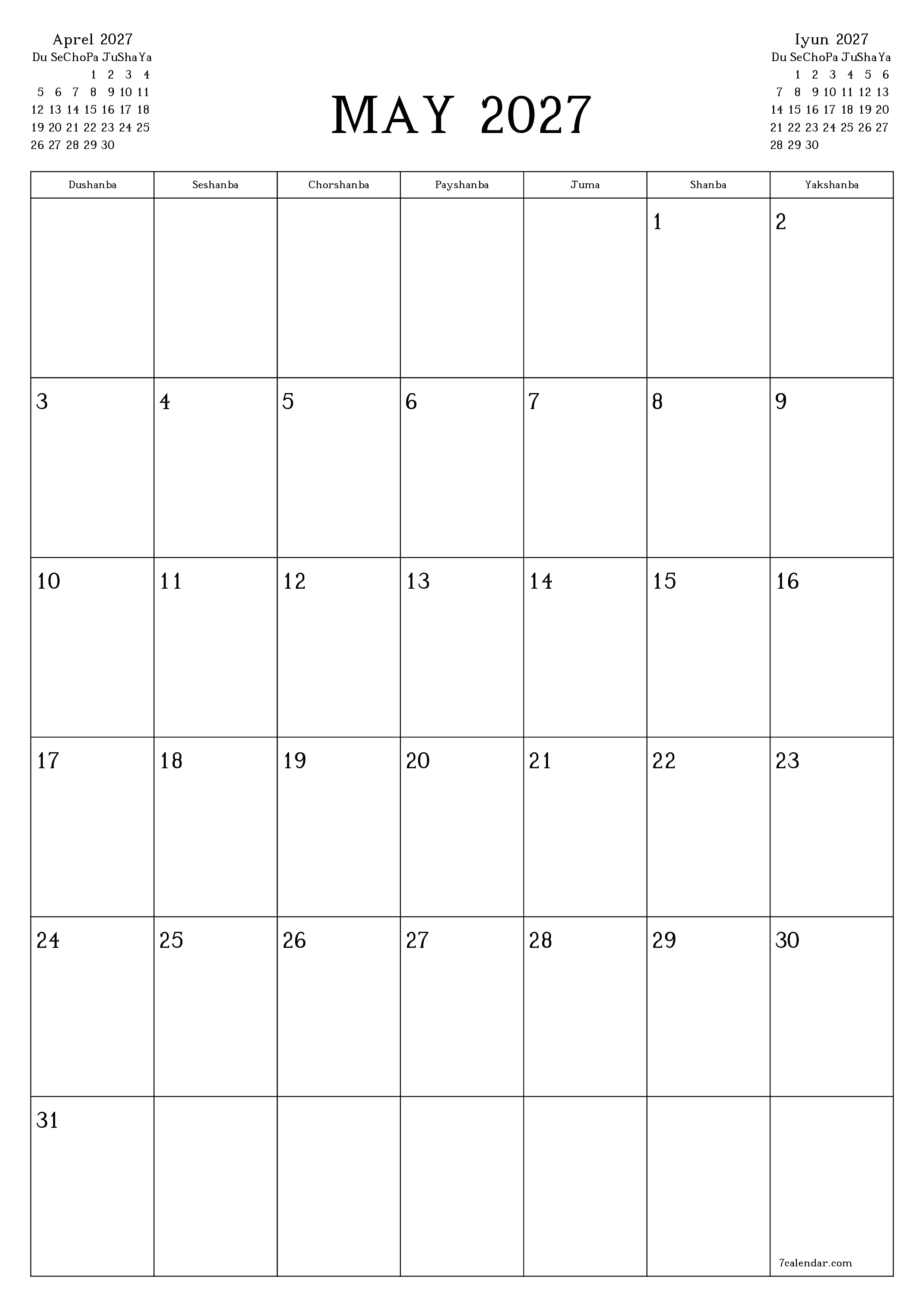 May 2027 oylik oylik rejalashtiruvchini yozuvlar bilan bo'shatish, saqlash va PDF-ga chop etish PNG Uzbek