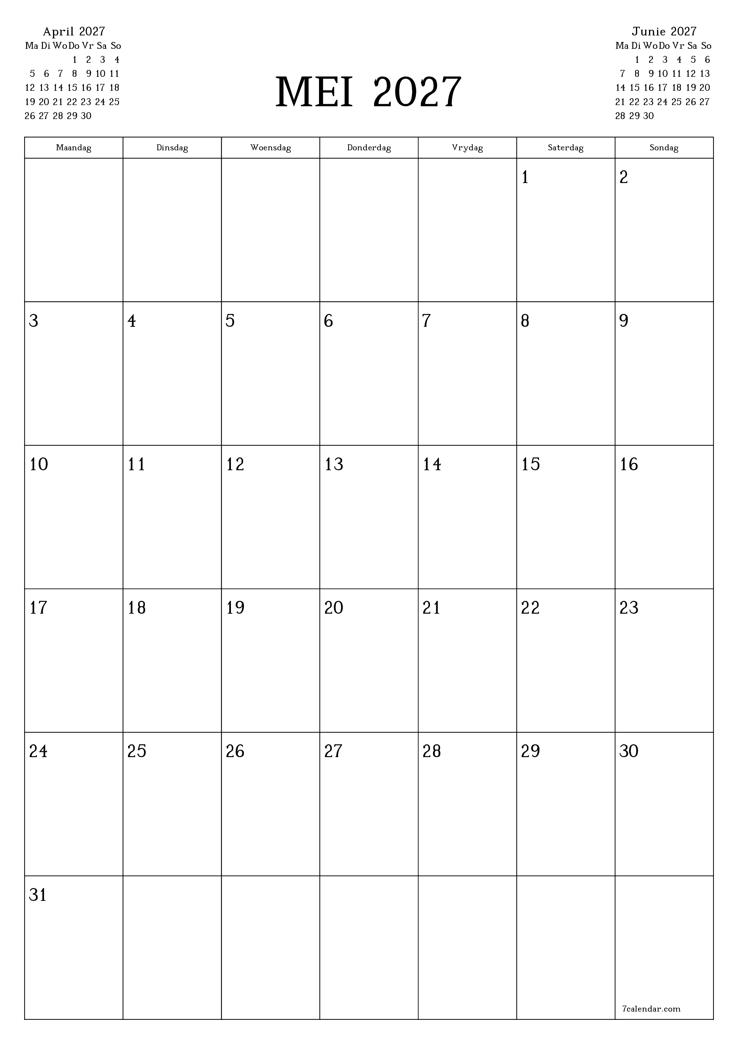 Leë maandelikse drukbare kalender en beplanner vir maand Mei 2027 met notas stoor en druk na PDF PNG Afrikaans