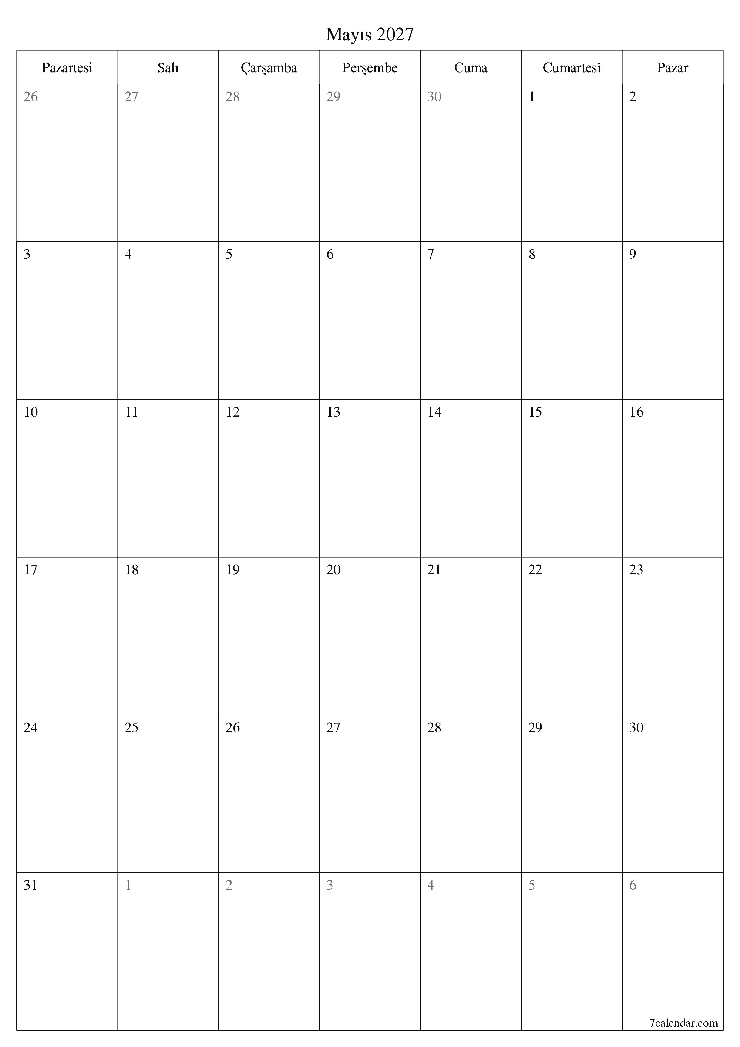 yazdırılabilir duvar i şablonu ücretsiz dikey Aylık planlayıcı takvim Mayıs (May) 2027