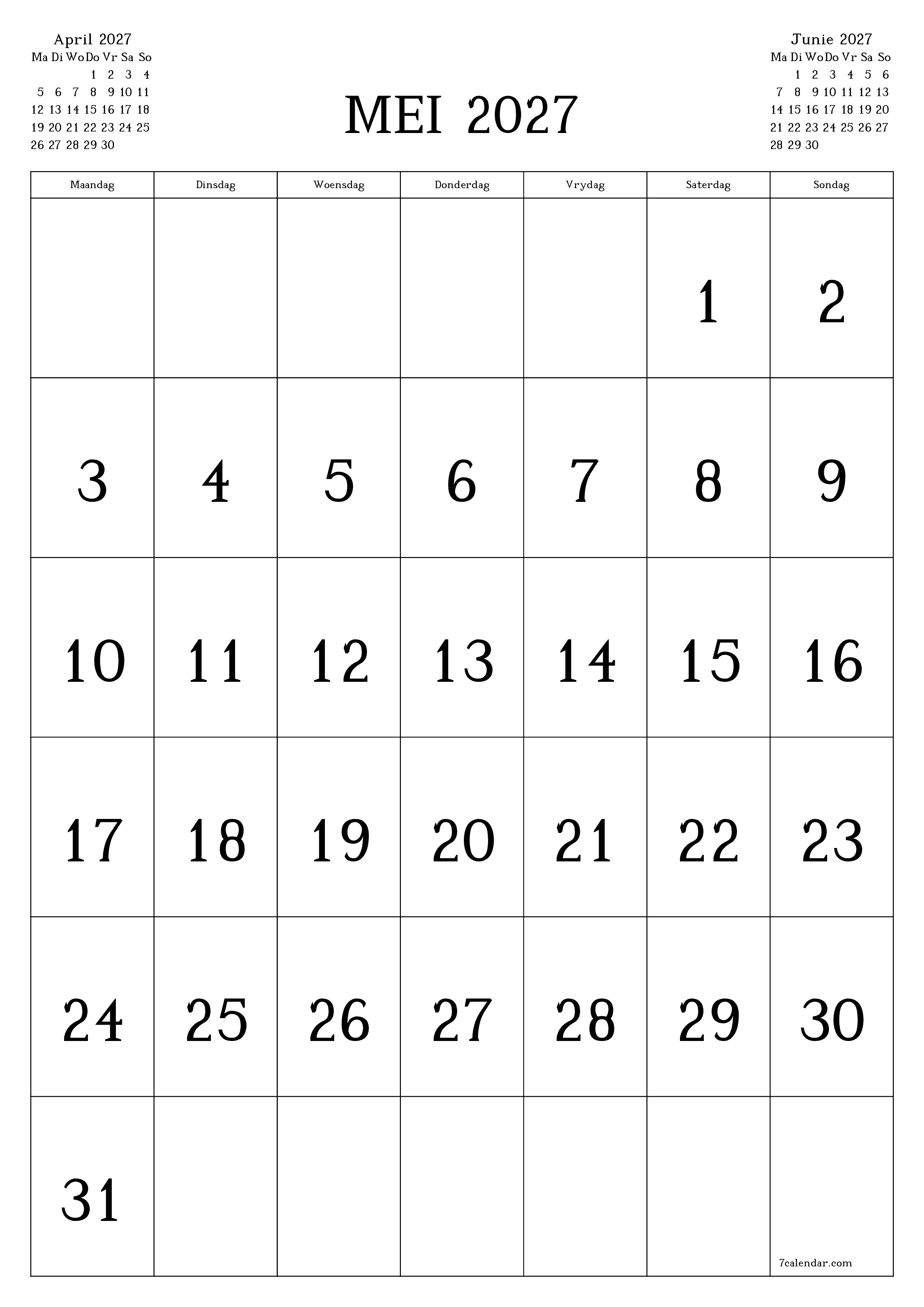 Leë maandelikse drukbare kalender en beplanner vir maand Mei 2027 met notas stoor en druk na PDF PNG Afrikaans