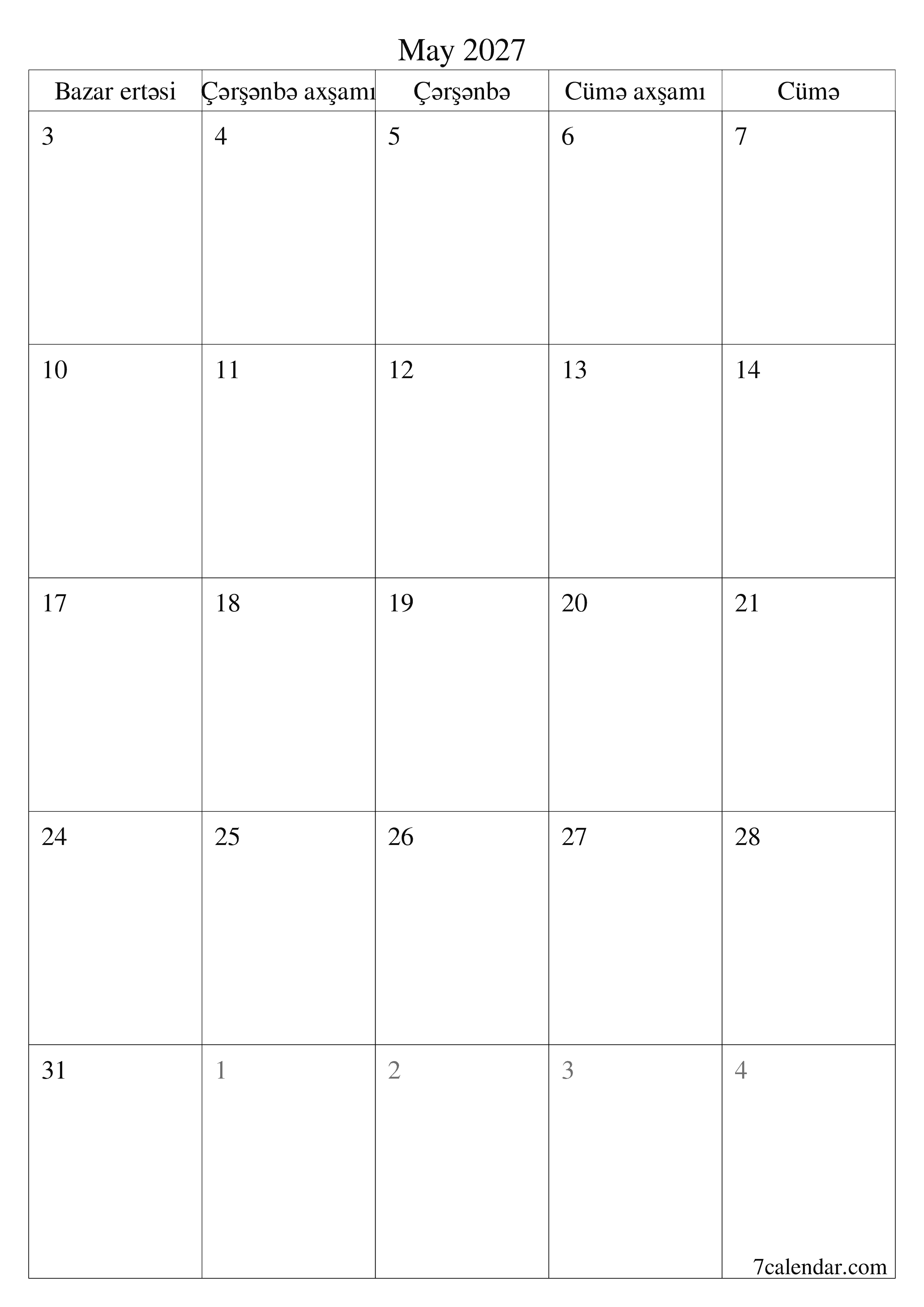 May 2027 ayı üçün qeydlər ilə boş aylıq planlayıcı, qeyd edin və PDF-ə yazdırın PNG Azerbaijani