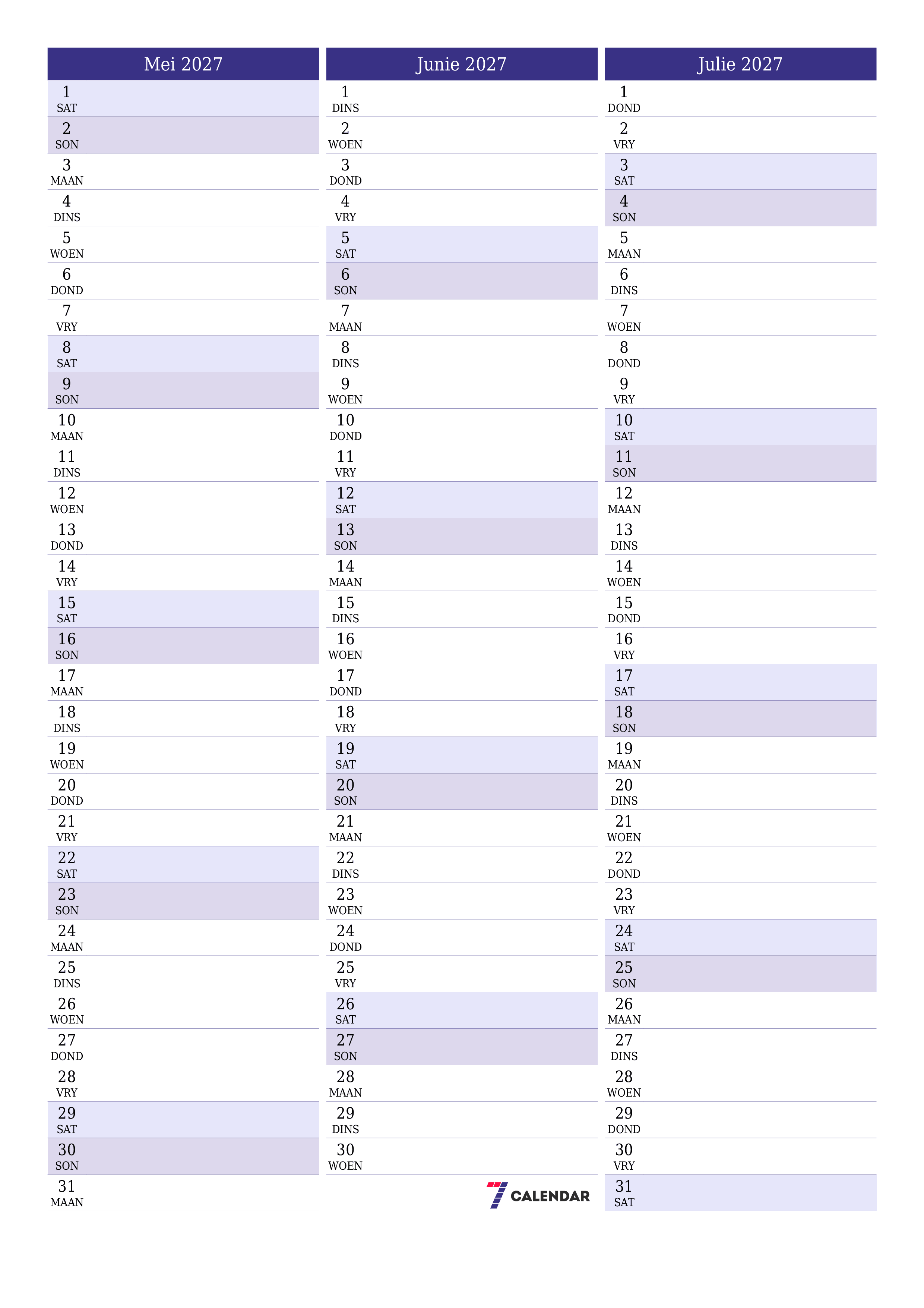 Leë maandelikse drukbare kalender en beplanner vir maand Mei 2027 met notas stoor en druk na PDF PNG Afrikaans