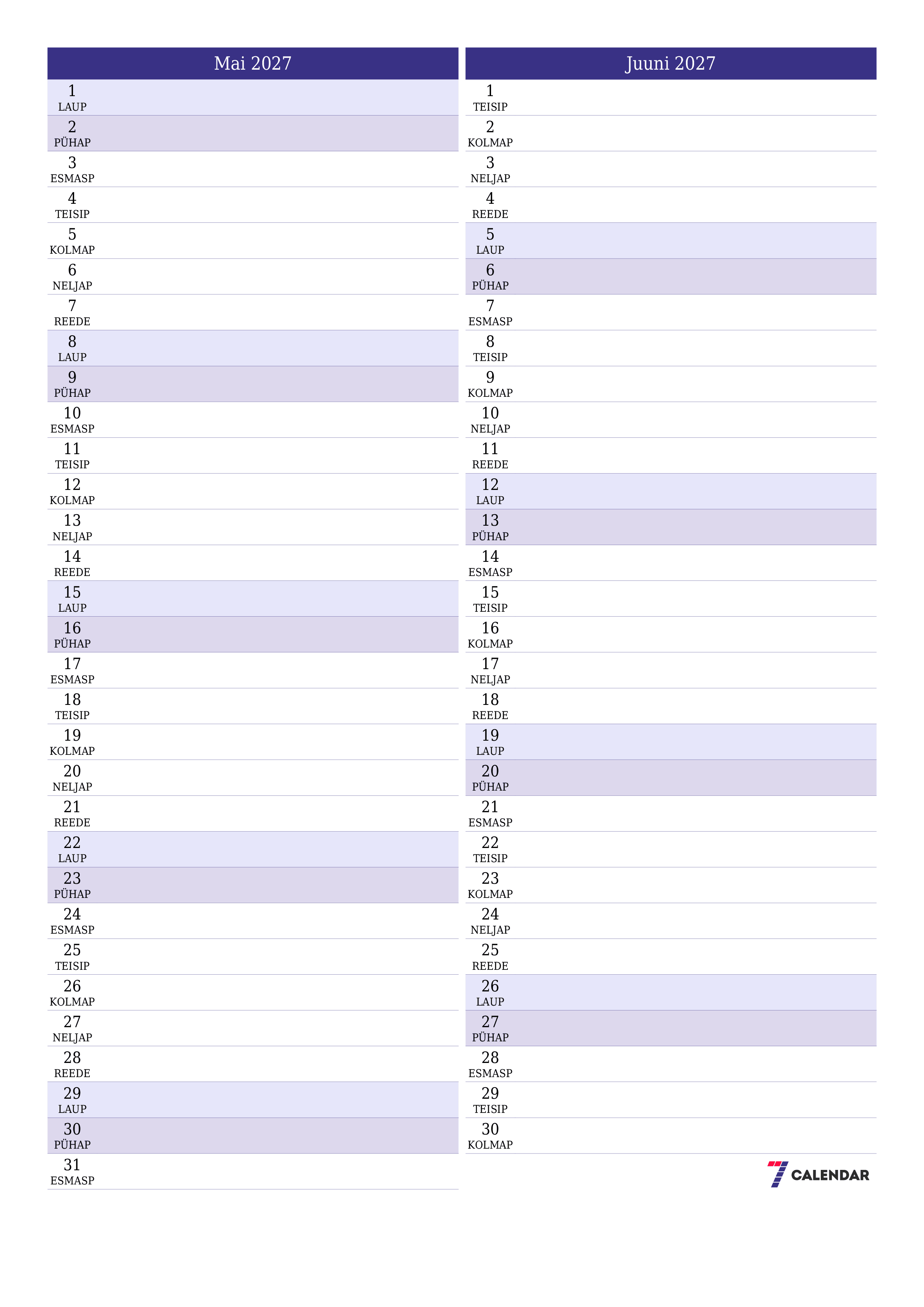 Tühjendage kuu Mai 2027 kuuplaneerija märkmetega, salvestage ja printige PDF-i PNG Estonian