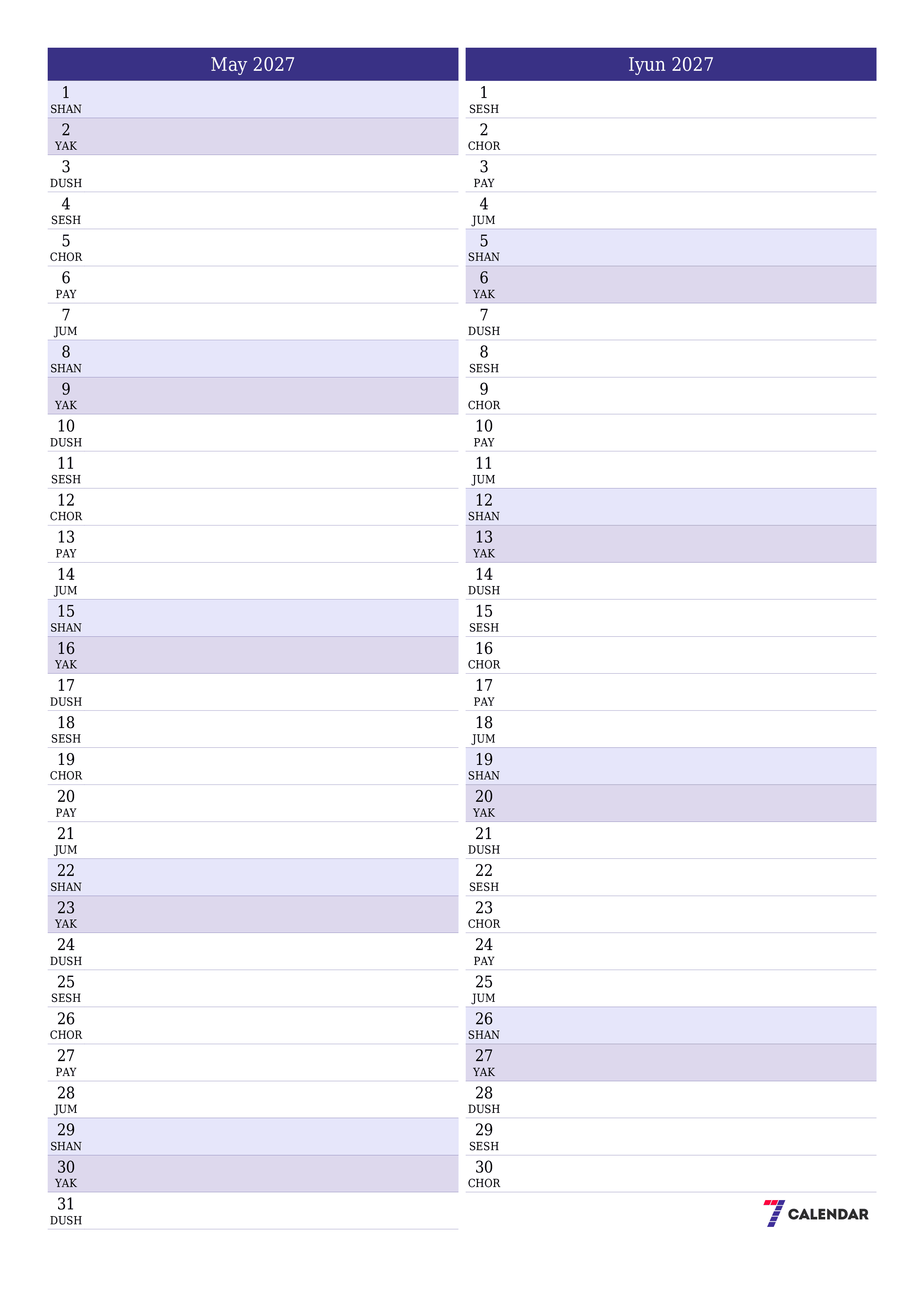 May 2027 oylik oylik rejalashtiruvchini yozuvlar bilan bo'shatish, saqlash va PDF-ga chop etish PNG Uzbek