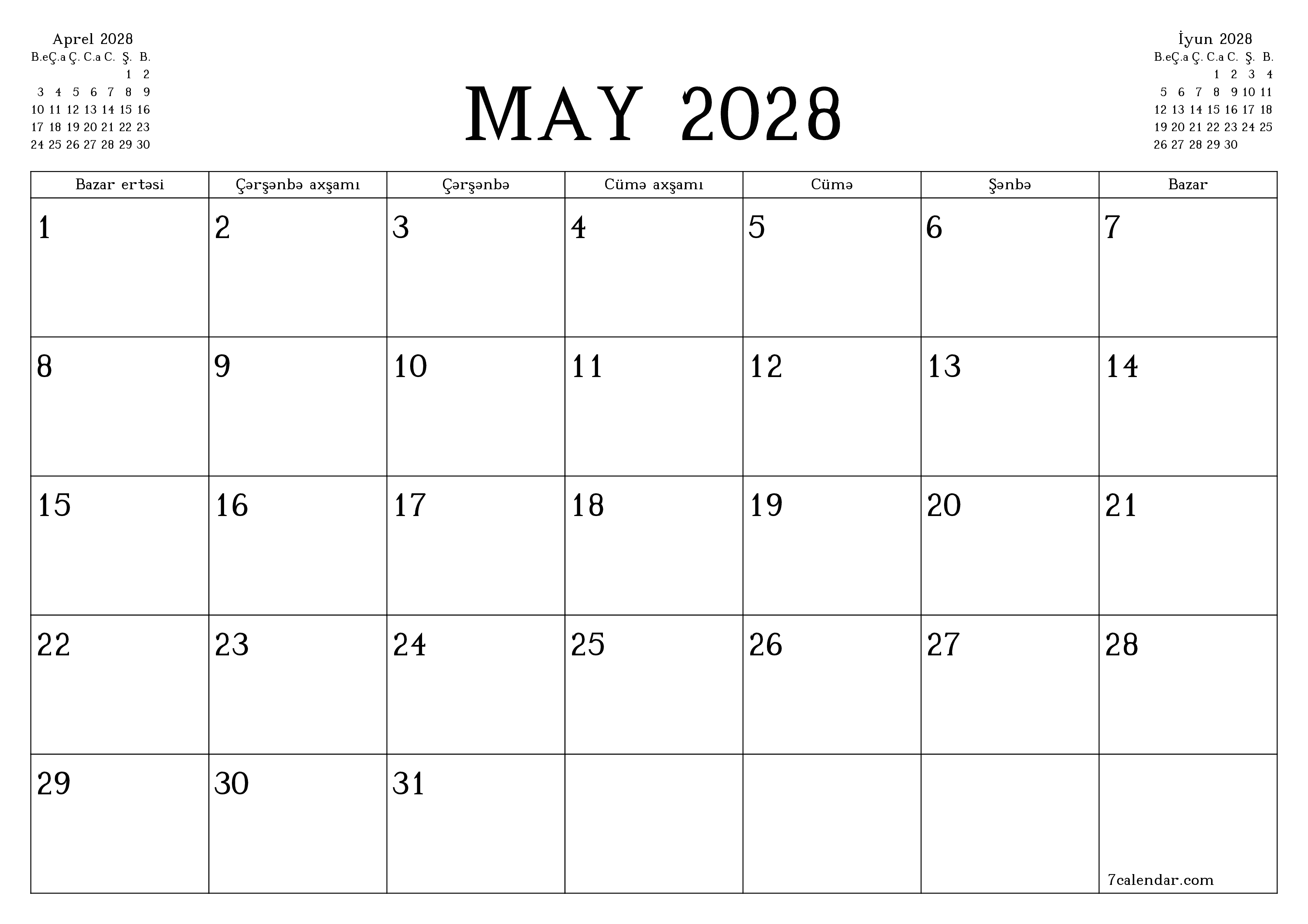 May 2028 ayı üçün qeydlər ilə boş aylıq planlayıcı, qeyd edin və PDF-ə yazdırın PNG Azerbaijani