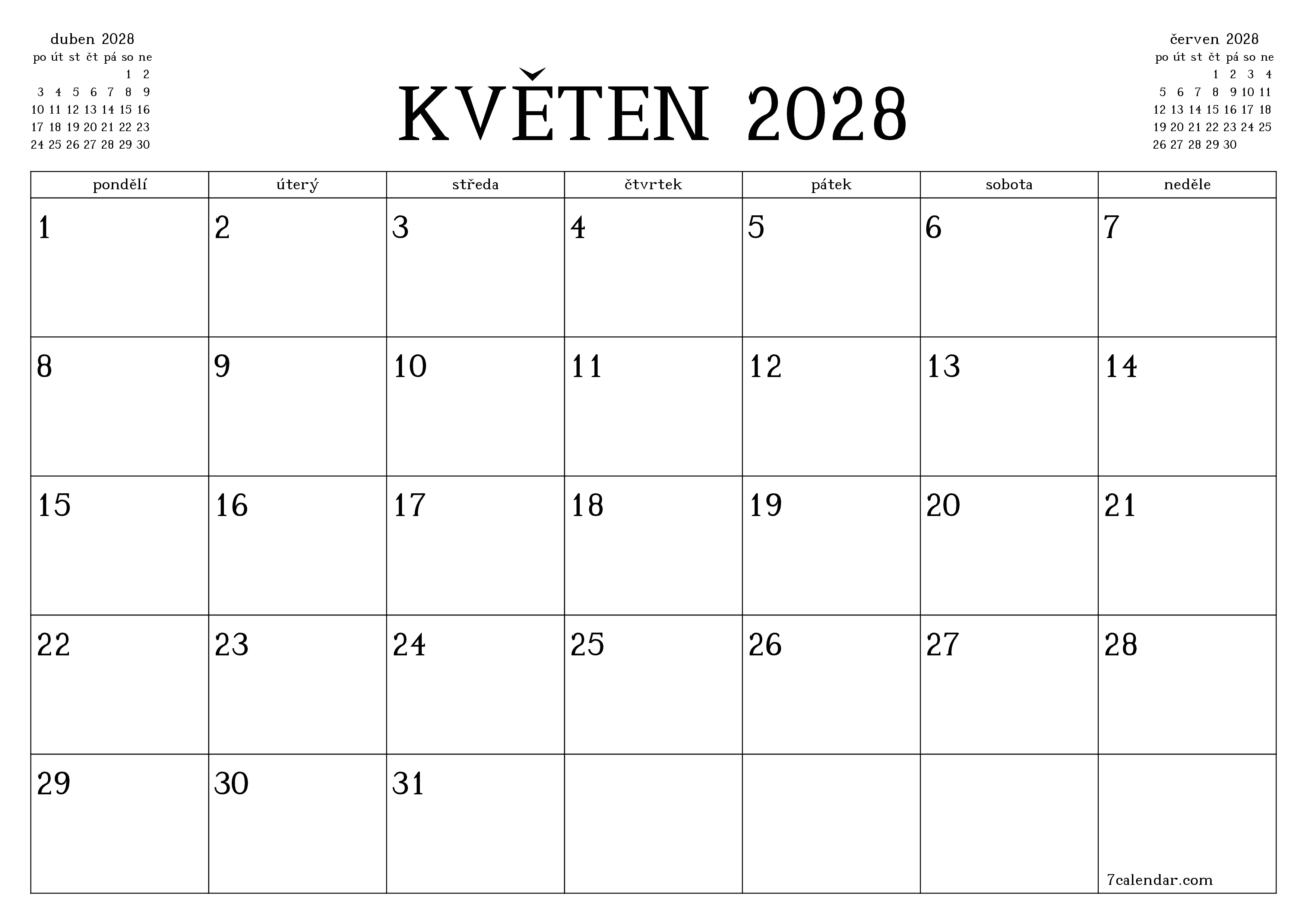 Vyprázdnit měsíční plánovač na měsíc květen 2028 s poznámkami, uložit a vytisknout do PDF PNG Czech