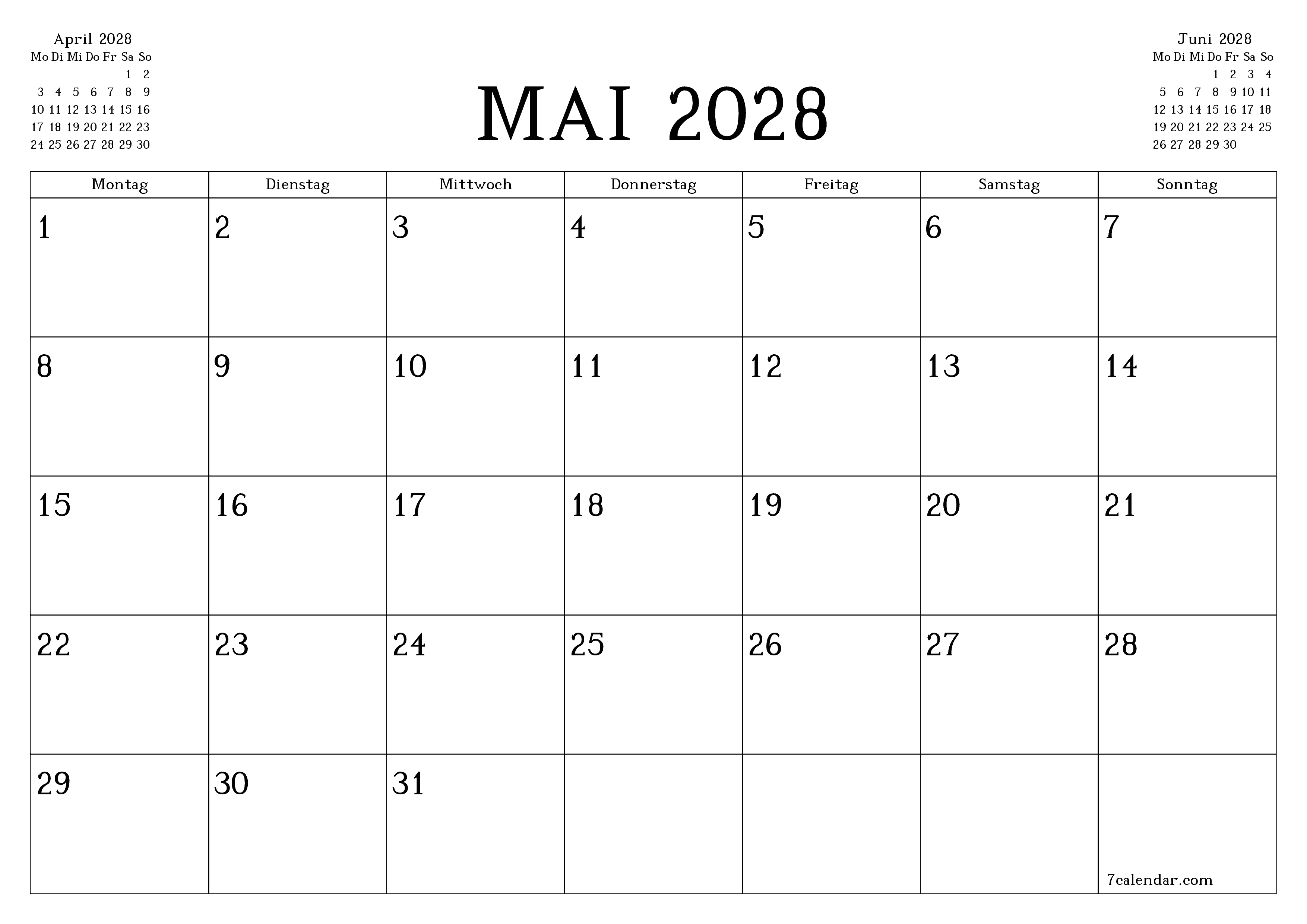 Monatsplaner für Monat Mai 2028 mit Notizen leeren, speichern und als PDF PNG German - 7calendar.com drucken