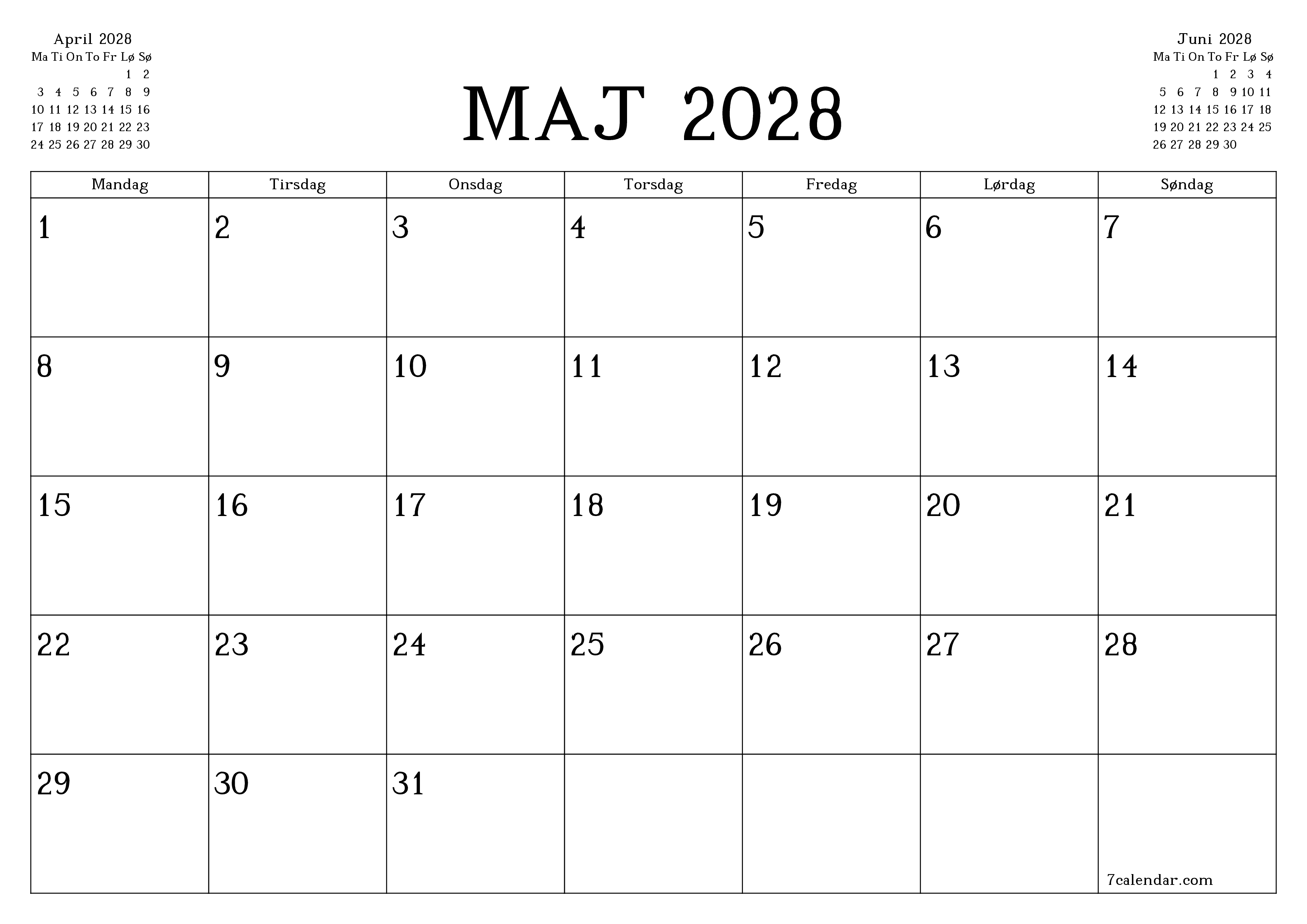 Tom månedlig planlægning for måned Maj 2028 med noter, gem og udskriv til PDF PNG Danish