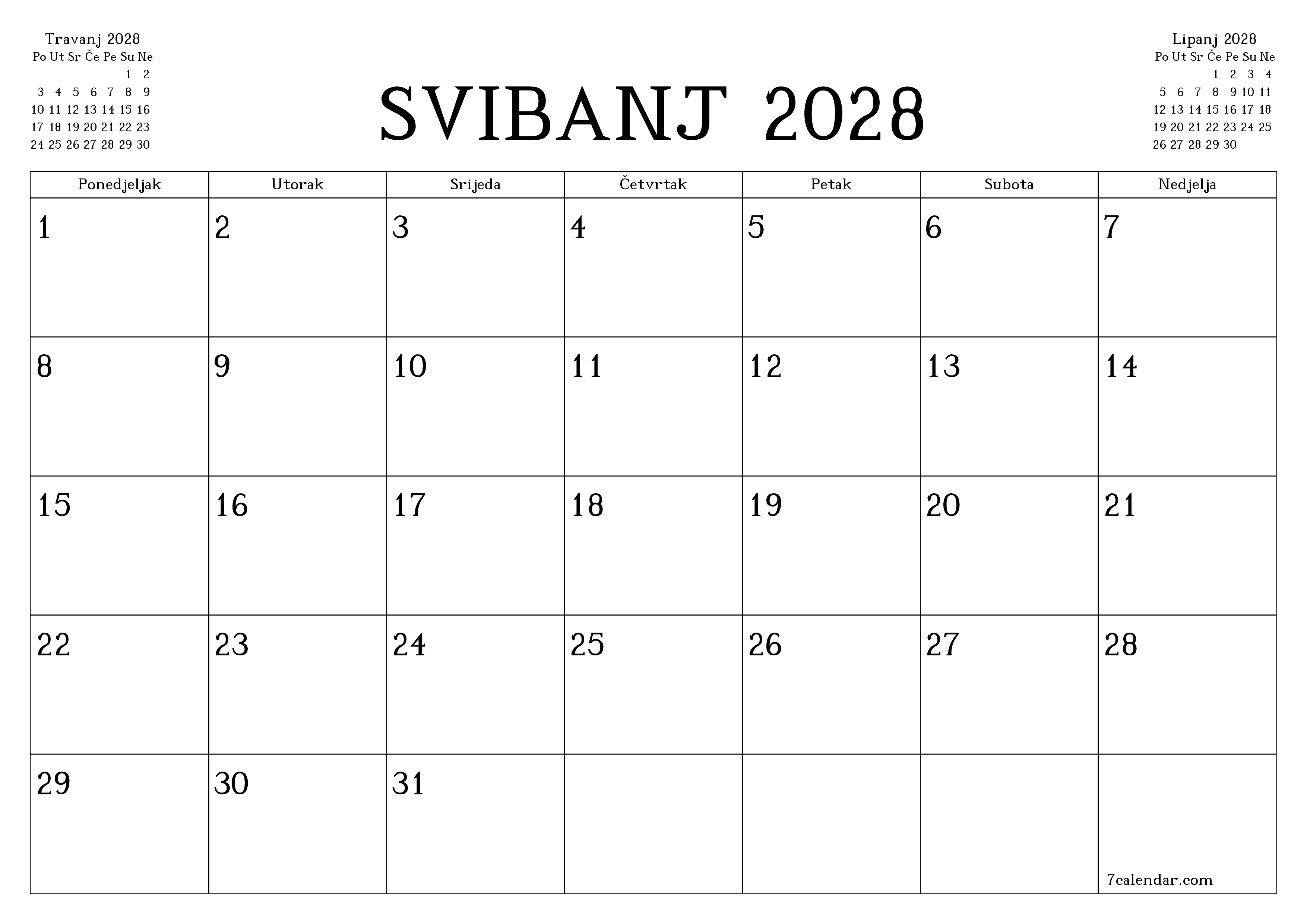 Ispraznite mjesečni planer za mjesec Svibanj 2028 s bilješkama, spremite i ispišite u PDF PNG Croatian