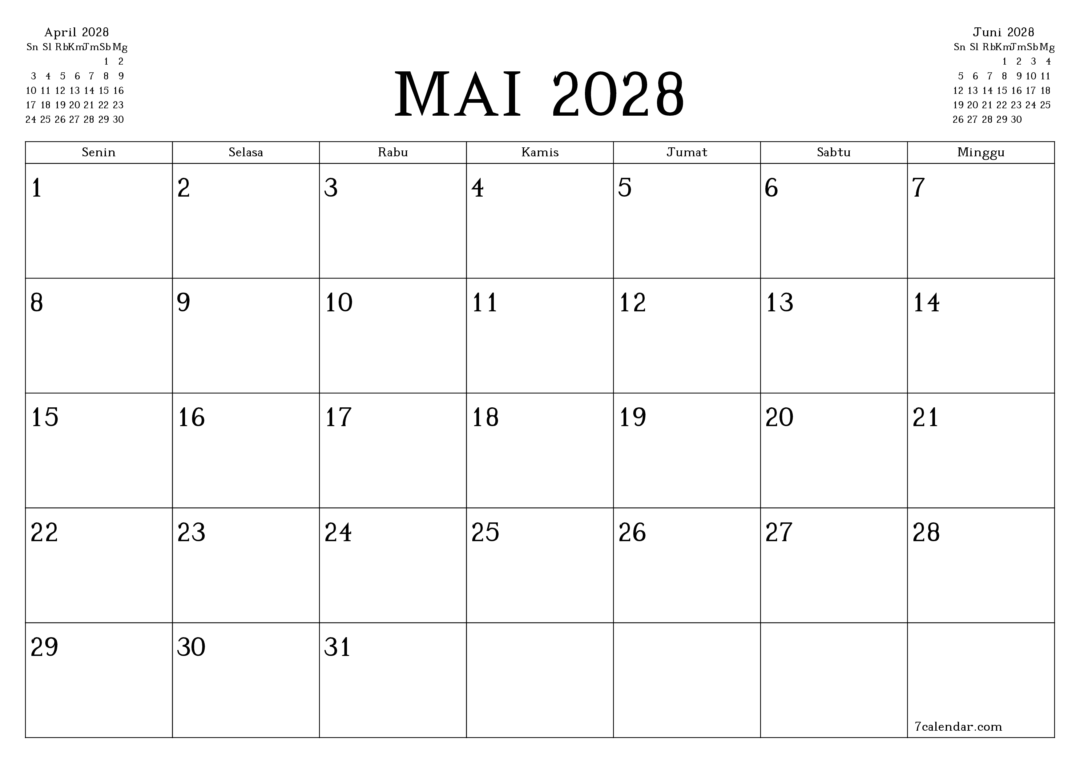 Kosongkan agenda bulanan untuk bulan Mai 2028 dengan catatan, simpan dan cetak ke PDF PNG Indonesian