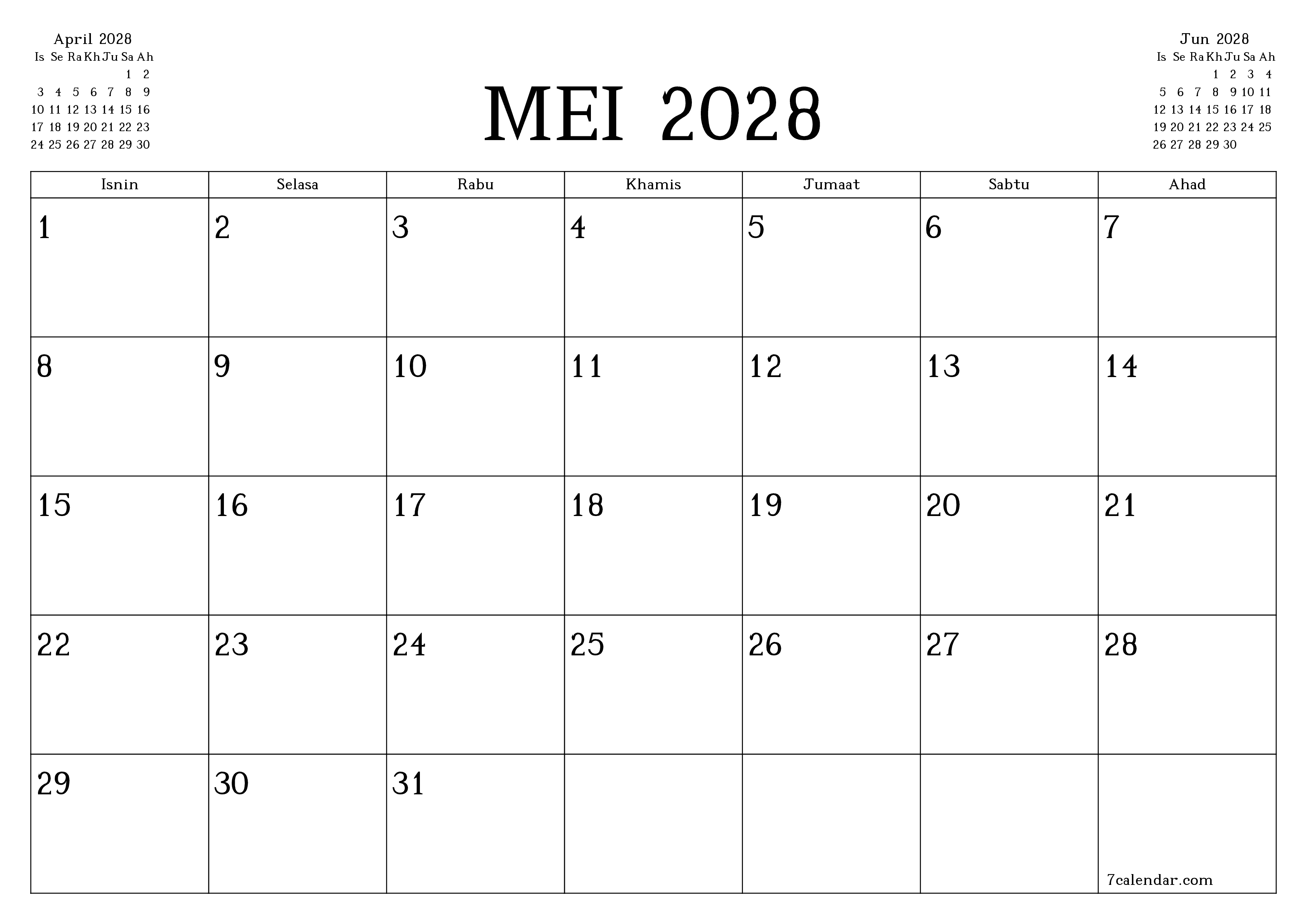 Perancang bulanan kosong untuk bulan Mei 2028 dengan nota, simpan dan cetak ke PDF PNG Malay