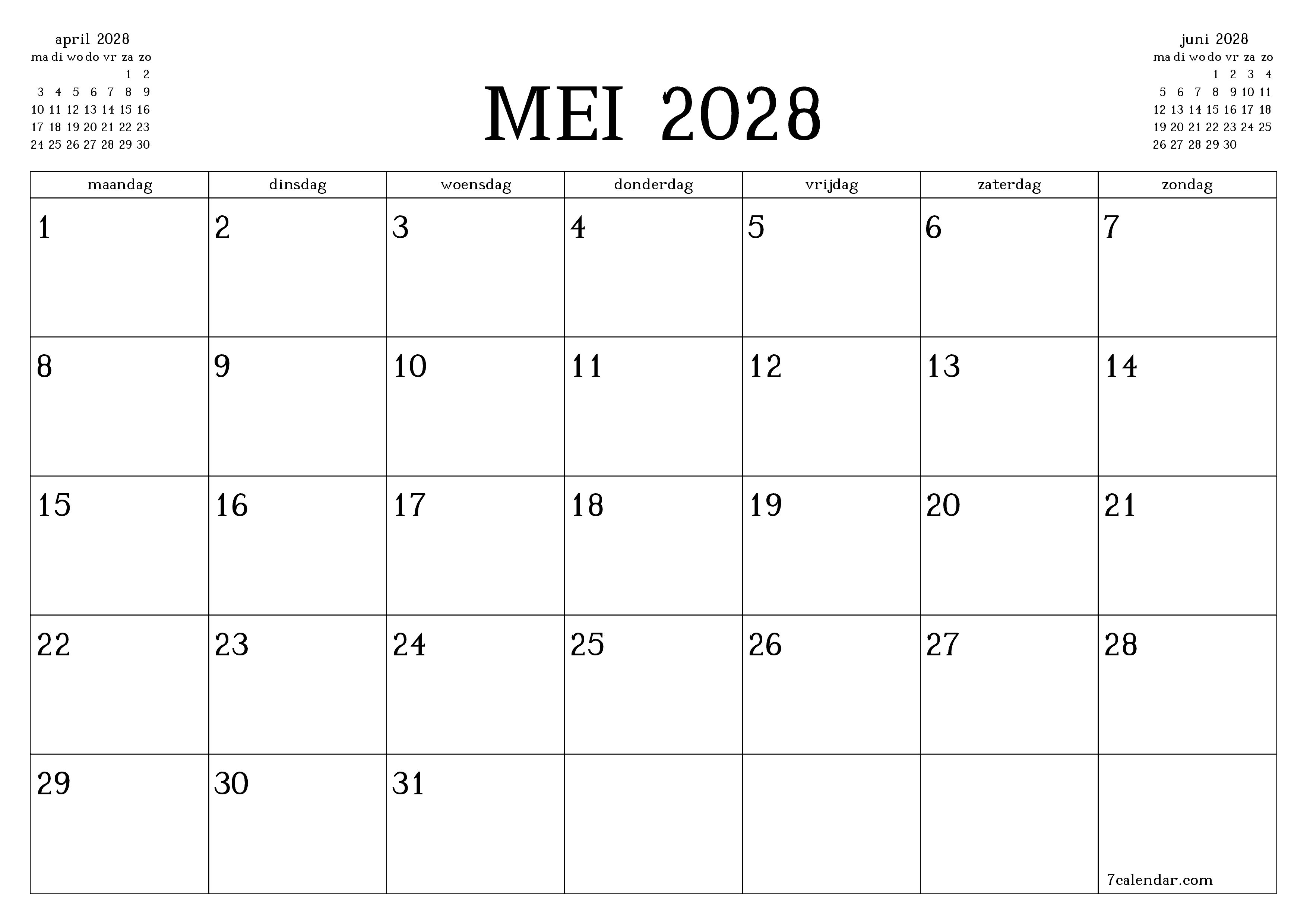 Lege maandplanner voor maand mei 2028 met notities, opslaan en afdrukken naar pdf PNG Dutch