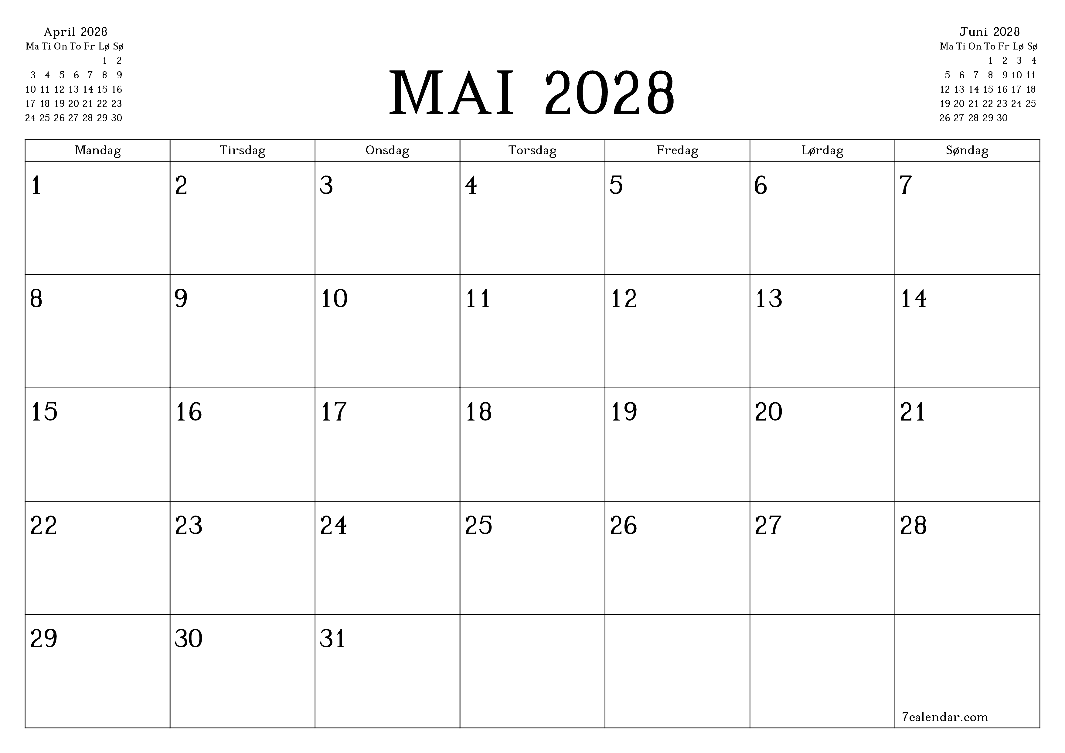 Tom månedlig planlegger for måned Mai 2028 med notater, lagre og skriv ut til PDF PNG Norwegian