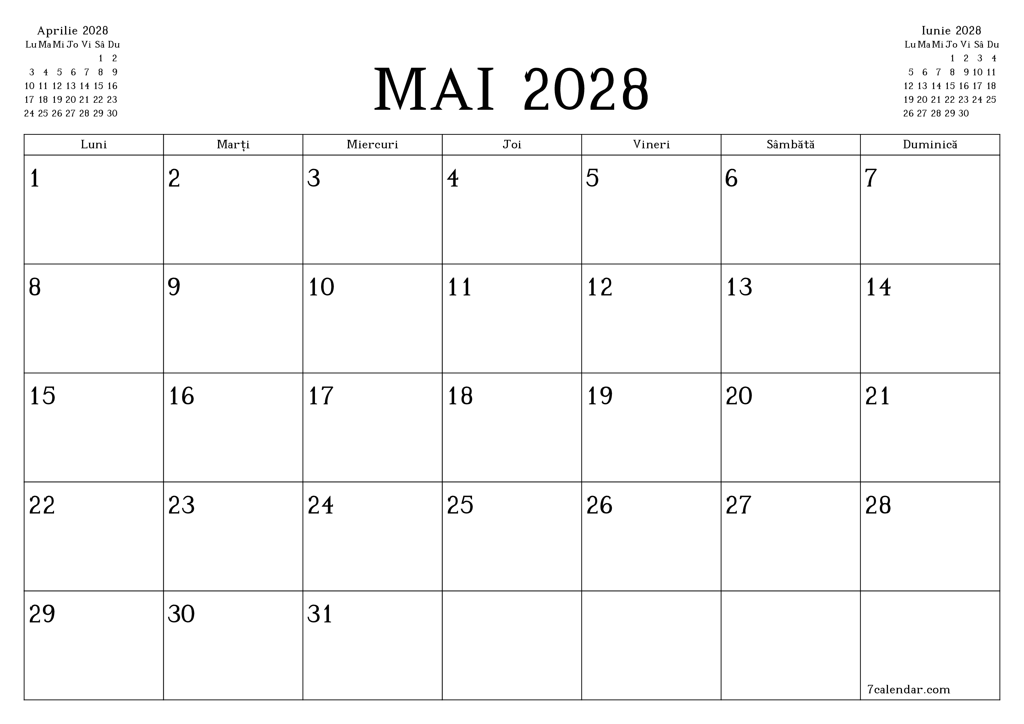 Planificator lunar gol pentru luna Mai 2028 cu note, salvați și tipăriți în PDF PNG Romanian
