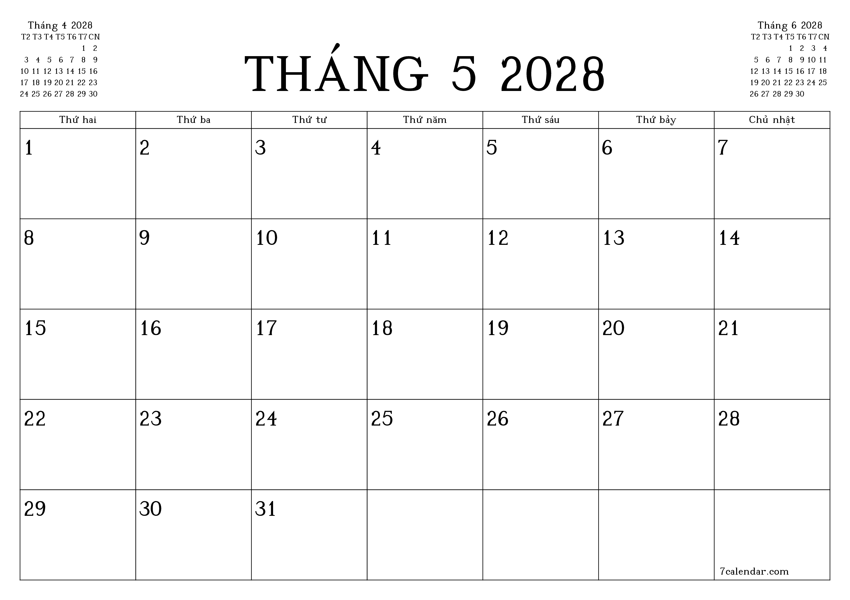 Công cụ lập kế hoạch hàng tháng trống cho tháng Tháng 5 2028 có ghi chú, lưu và in sang PDF PNG Vietnamese