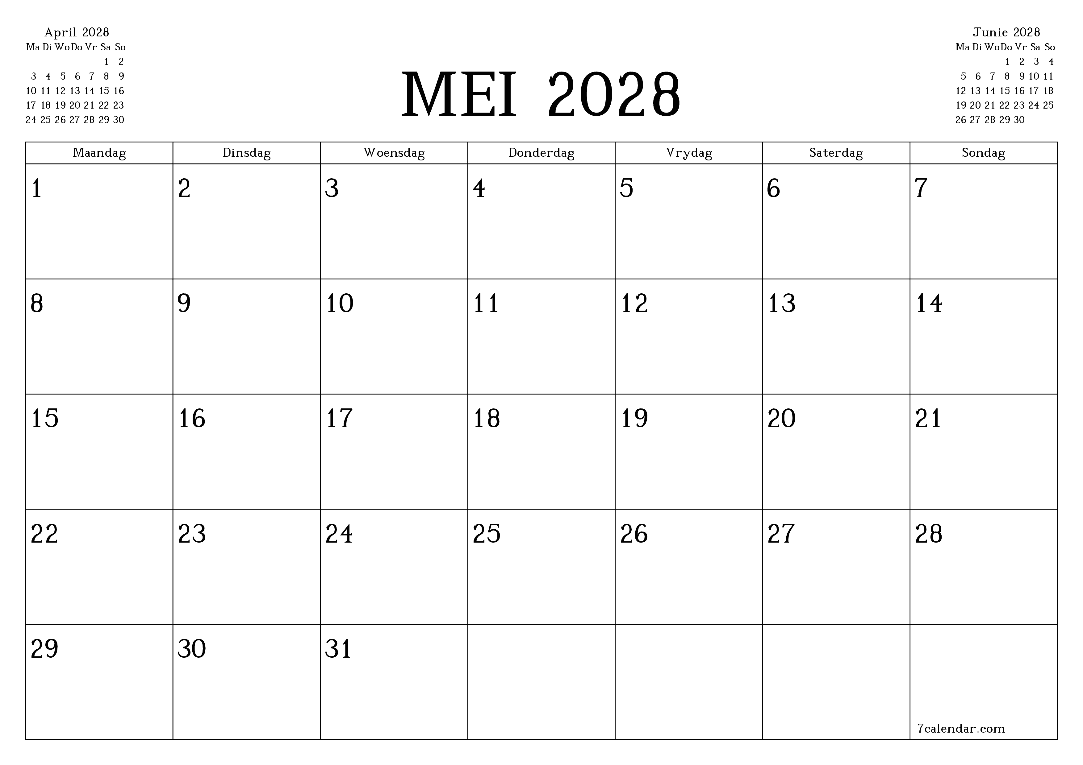 Leë maandelikse drukbare kalender en beplanner vir maand Mei 2028 met notas stoor en druk na PDF PNG Afrikaans