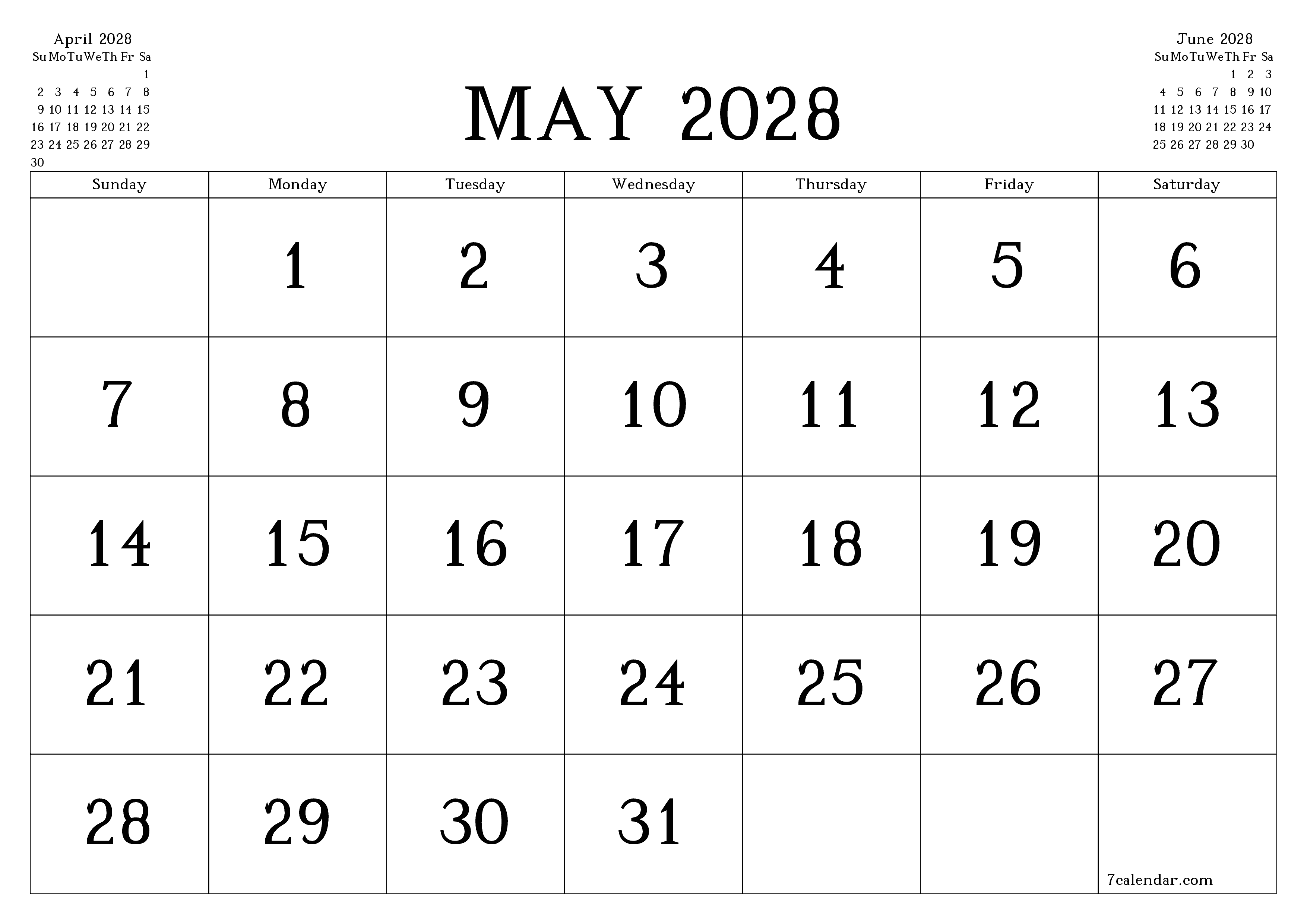 Blank calendar May 2028